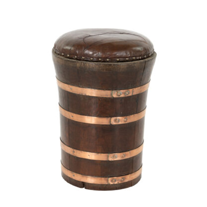 Copper Banded Oak Barrel Stool with Leather Top, English, Circa 1870