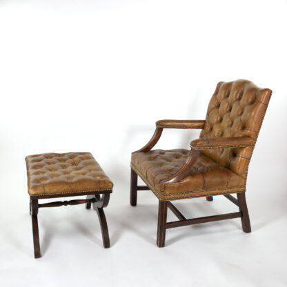Georgian Style Tufted Ochre Leather Armchair and Stool English, Circa 1920