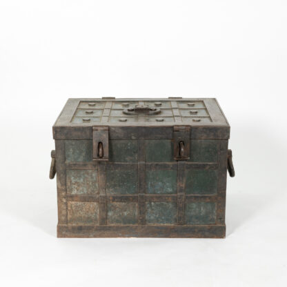 French Teal Painted Iron Strapwork Strong Box Circa 1890