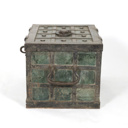 French Teal Painted Iron Strapwork Strong Box Circa 1890