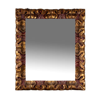 Deeply Carved Giltwood and Red Painted Mirror Frame with Original Mercury Plate, Spain Circa 1900
