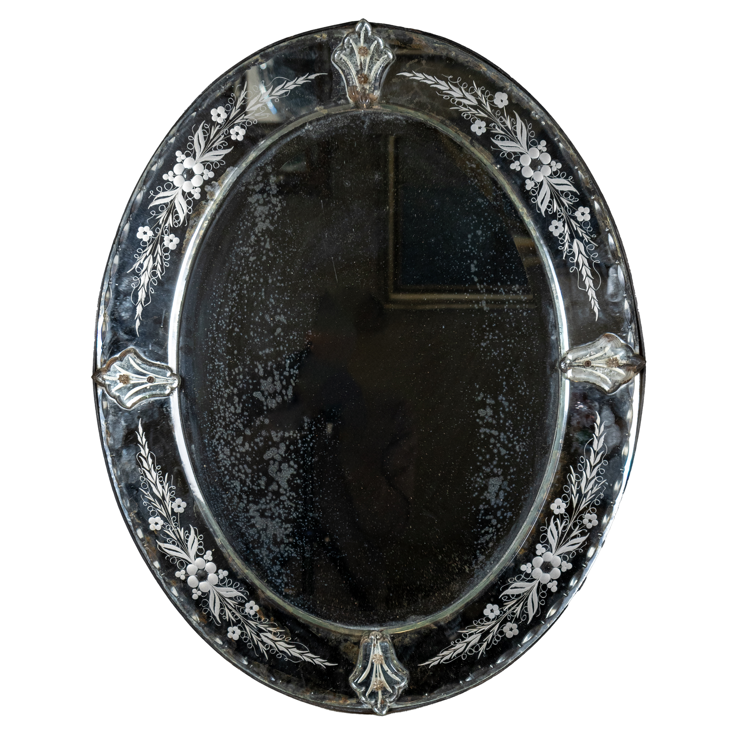 Large Oval Venetian Etched Mercury Glass On Glass Mirror, Italy Circa 1880