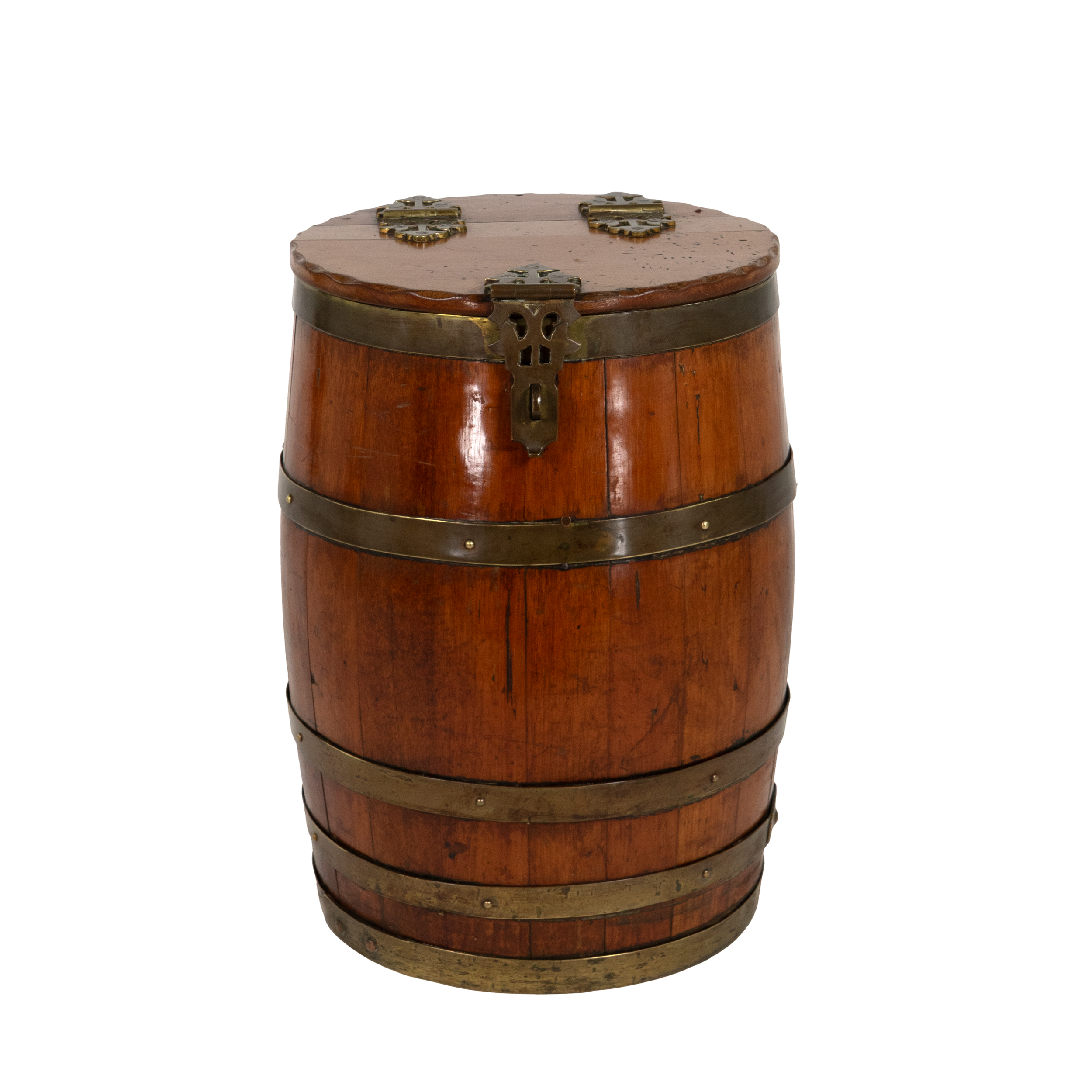 Victorian English coopered rum barrel with brass hoops, front view