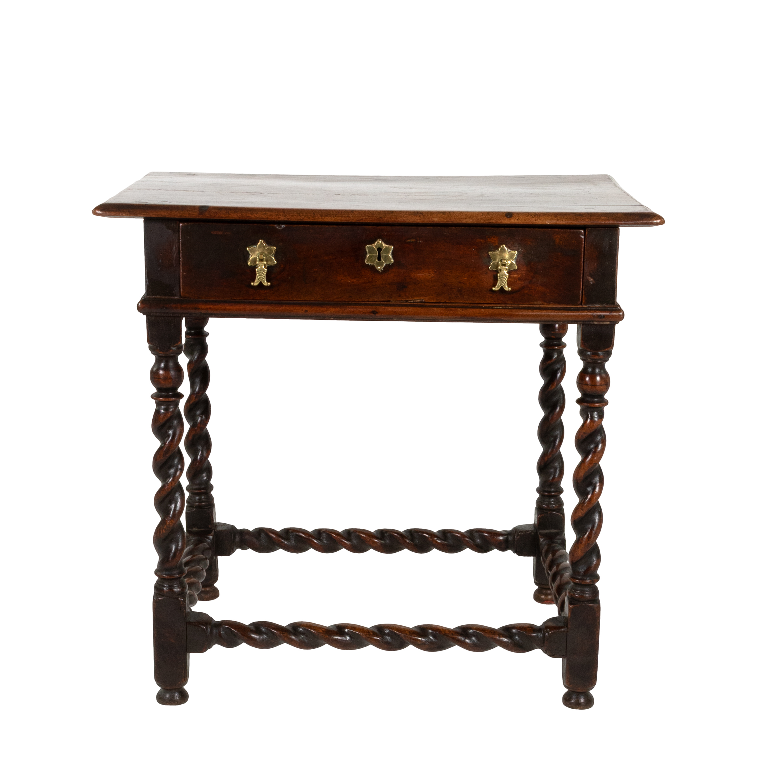 English oak side table with brass pulls and barley twist legs, circa 1720