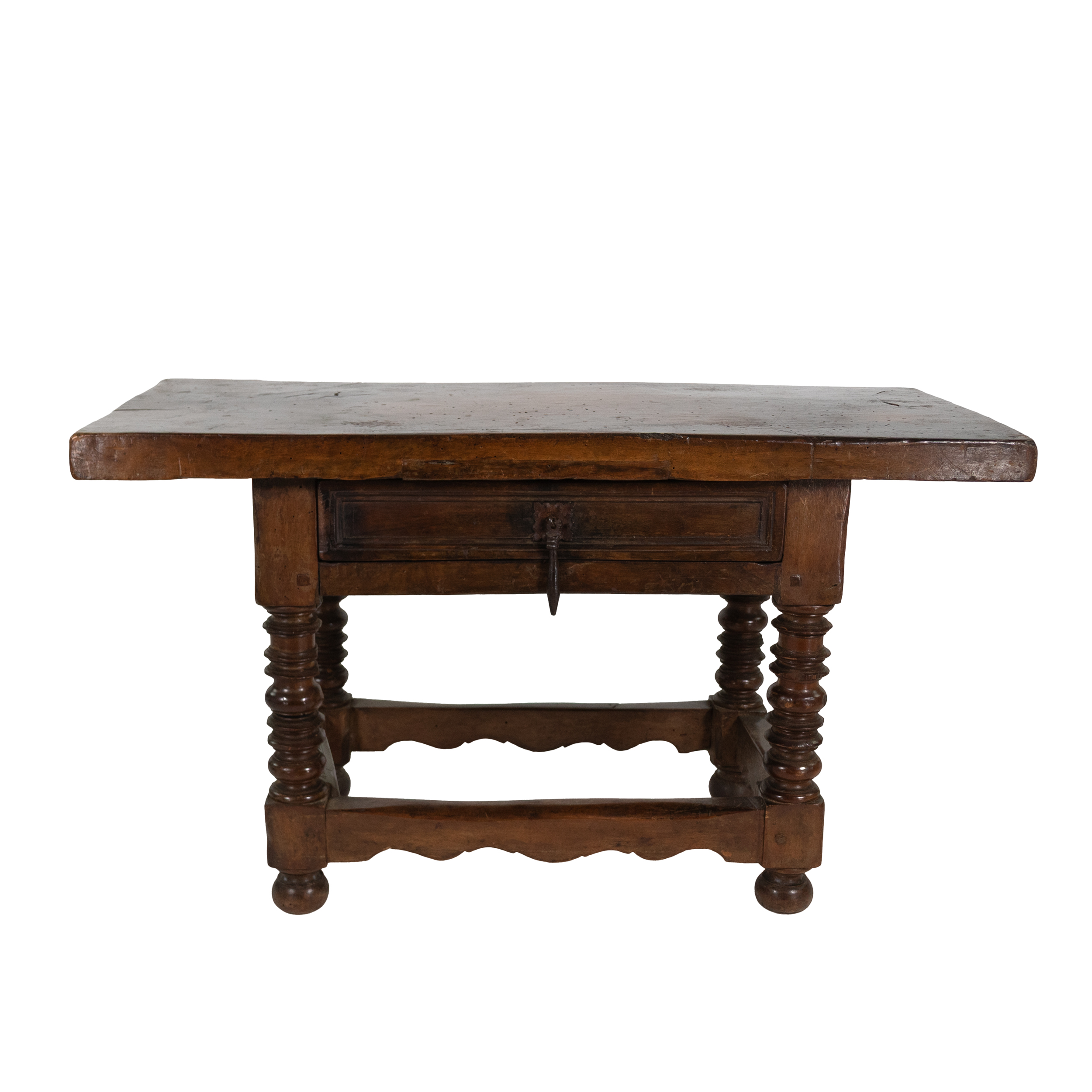 Spanish baroque walnut table front view circa 1780 with iron drawer pull
