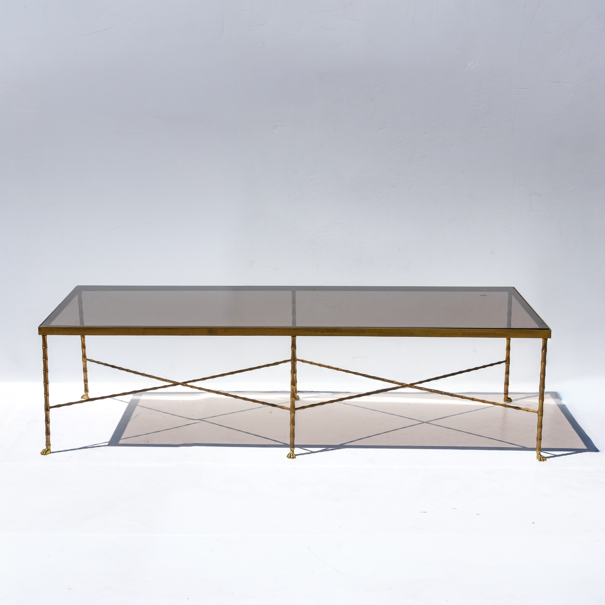 French Art Deco Maison Baguès brass coffee table with mirror top full view