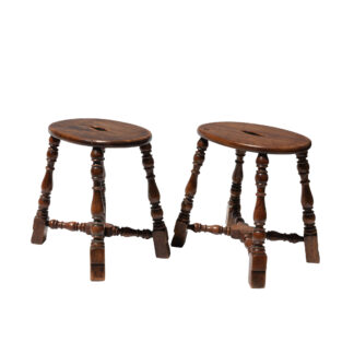 Pair of English oak stools with pierced oval tops and turned legs, circa 1880