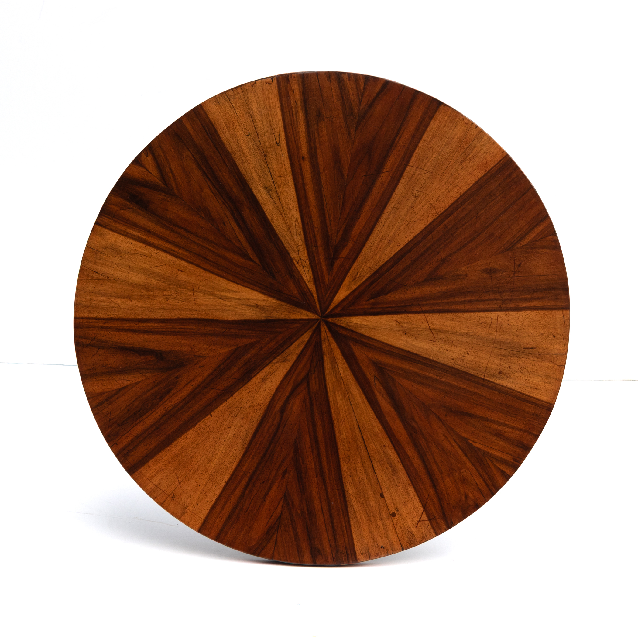 Biedermeier specimen pedestal table in yew and mahogany, circa 1890 — top view showing radiating veneer pattern.