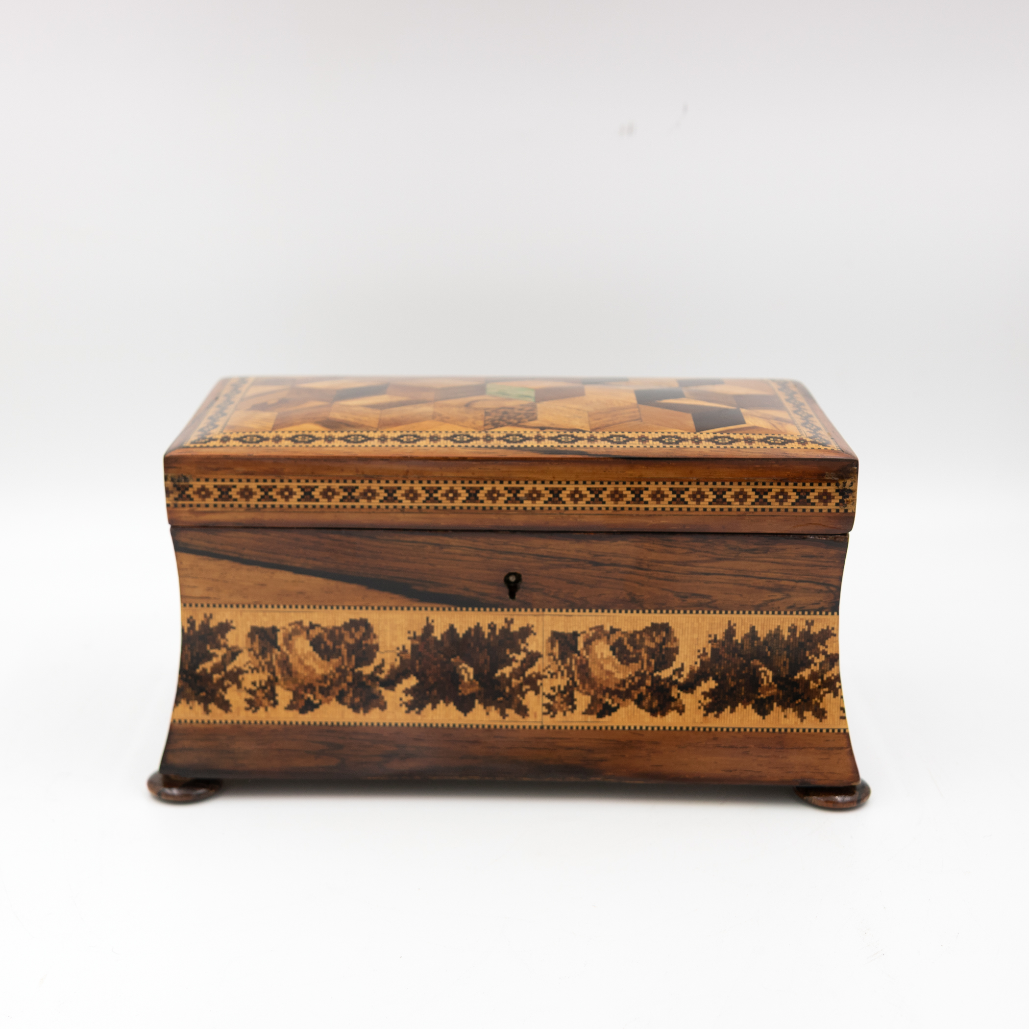 English Tunbridge Ware concave-sided box, background view, SW-160