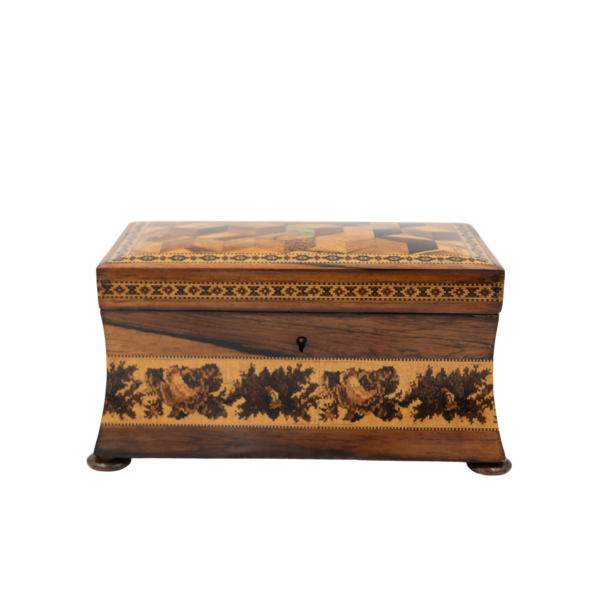 English Victorian Tunbridge ware decorative box with geometric inlay and rosewood bun feet
