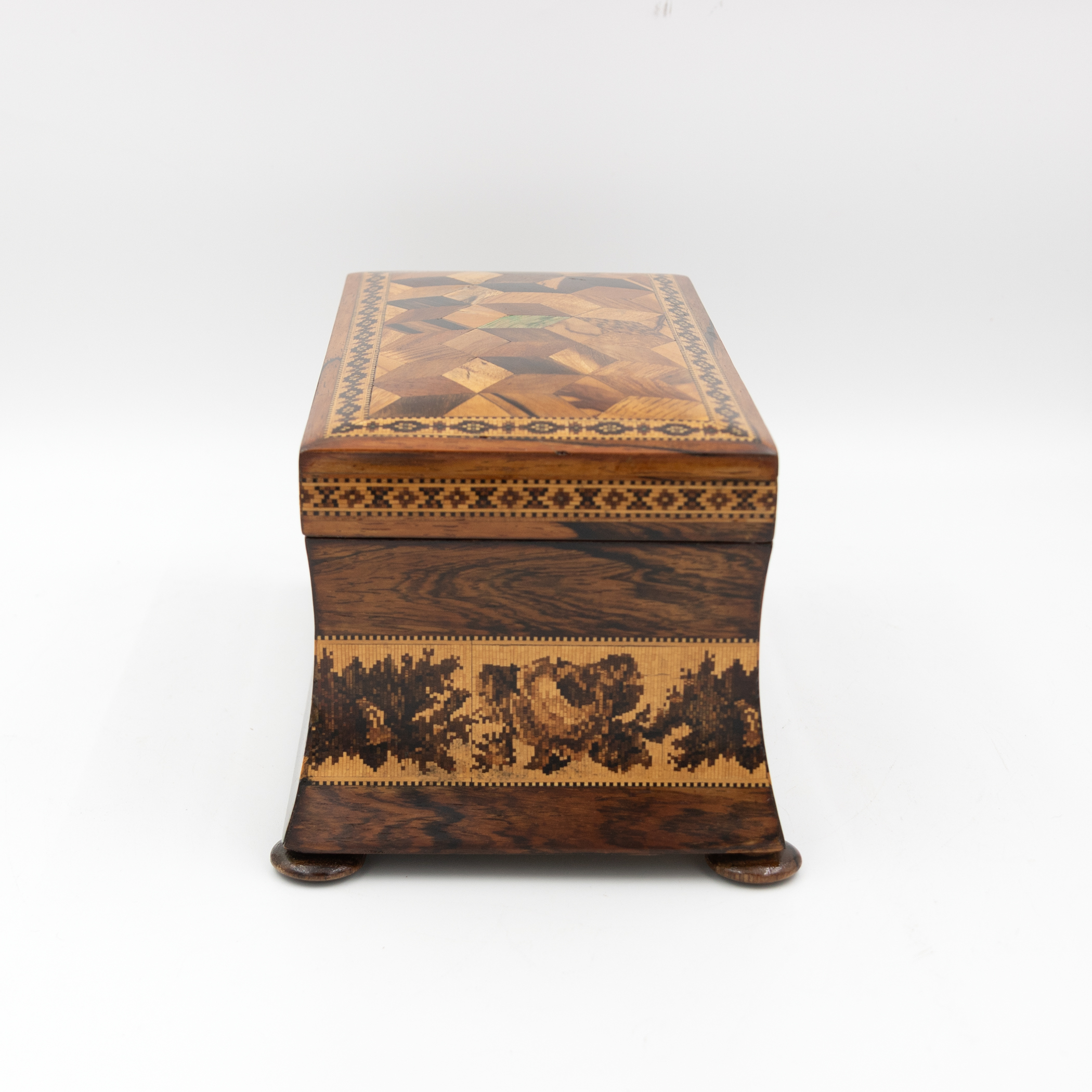 Victorian Tunbridge ware box side elevation showing concave profile and bun eet