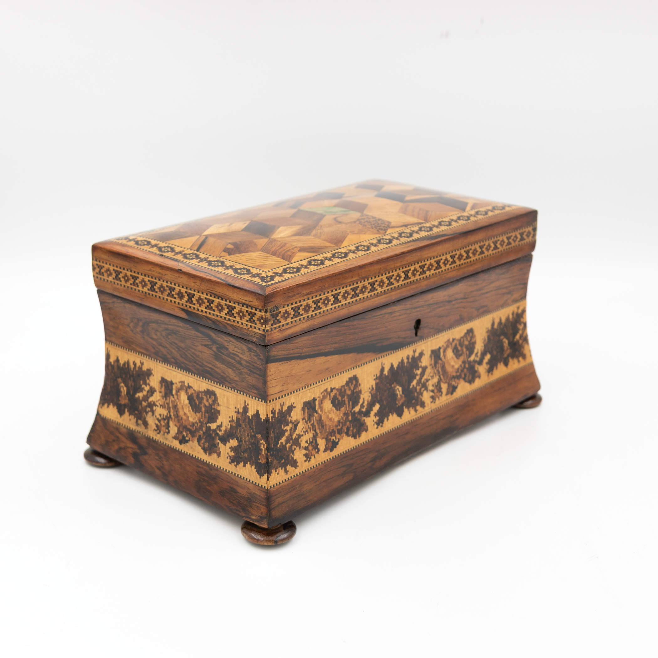 English Tunbridge ware box front three-quarter view with decorative marquetry and inlay