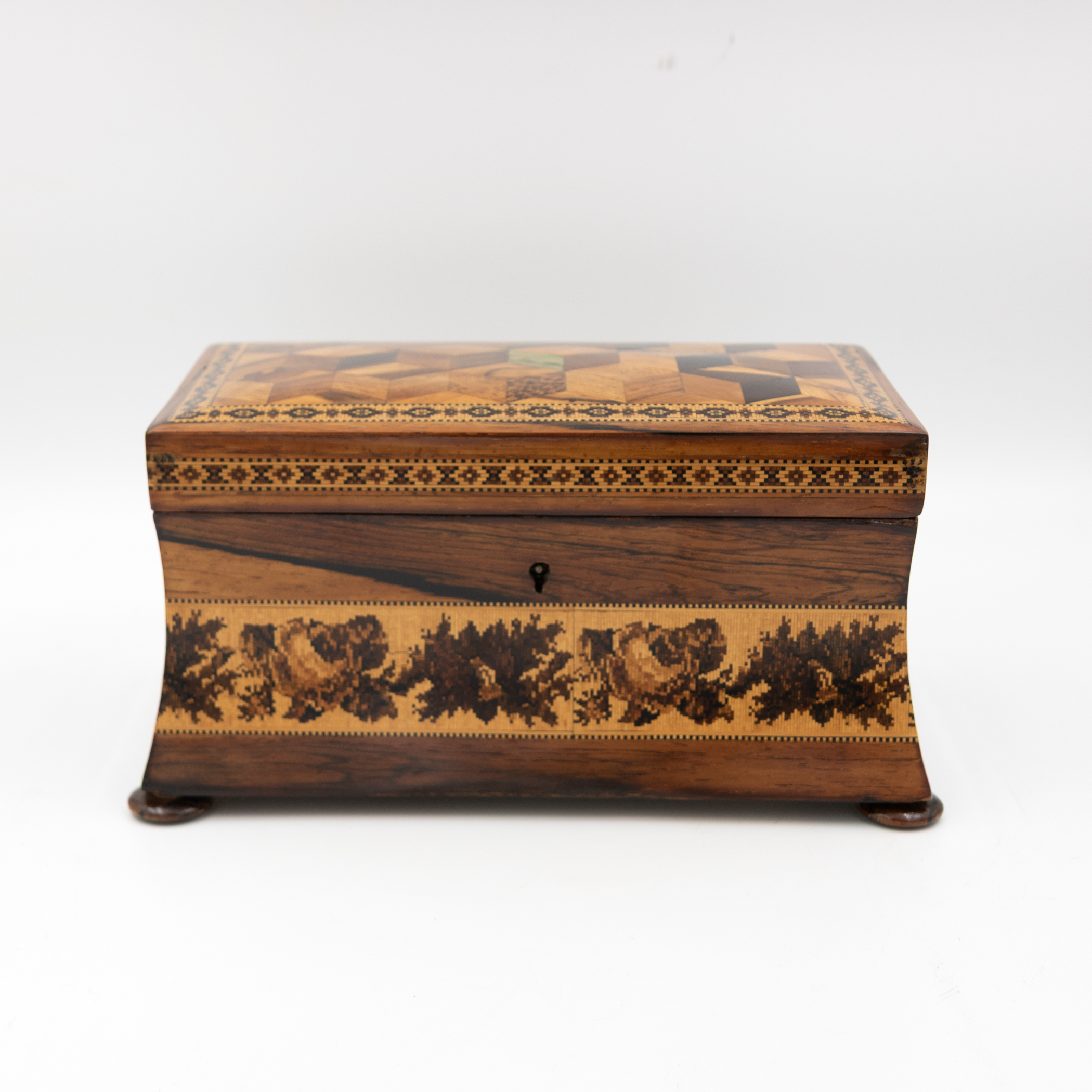 Victorian Tunbridge ware box front view with keyhole and floral marquetry bands