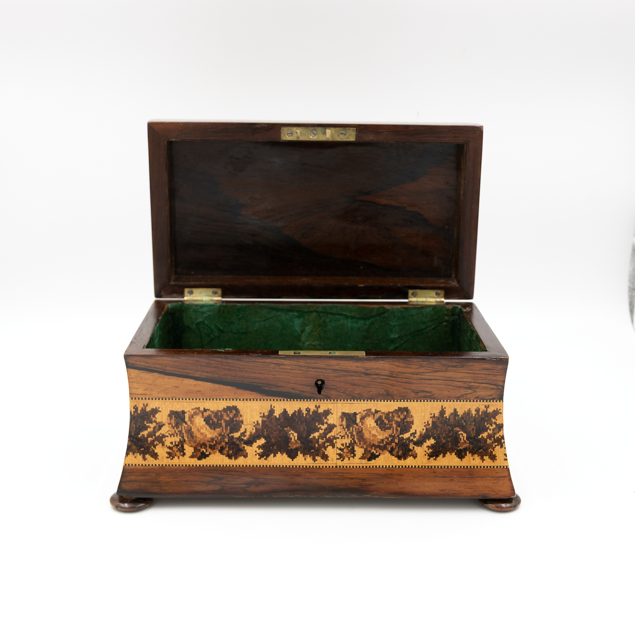 English Tunbridge ware box interior with green paper lining and coromandel wood lid