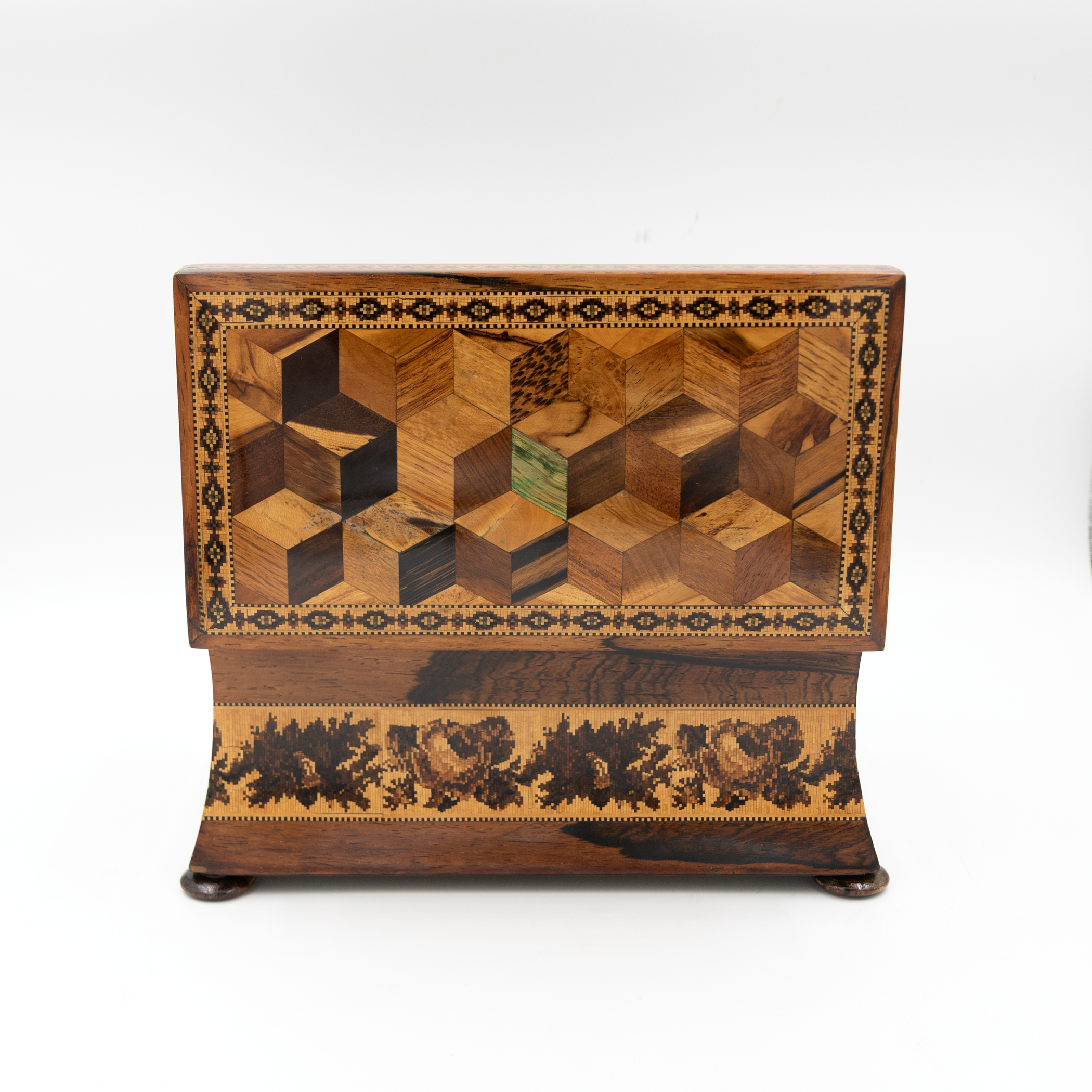 Victorian Tunbridge ware box open showing tumbling-block inlay top and green lined interior