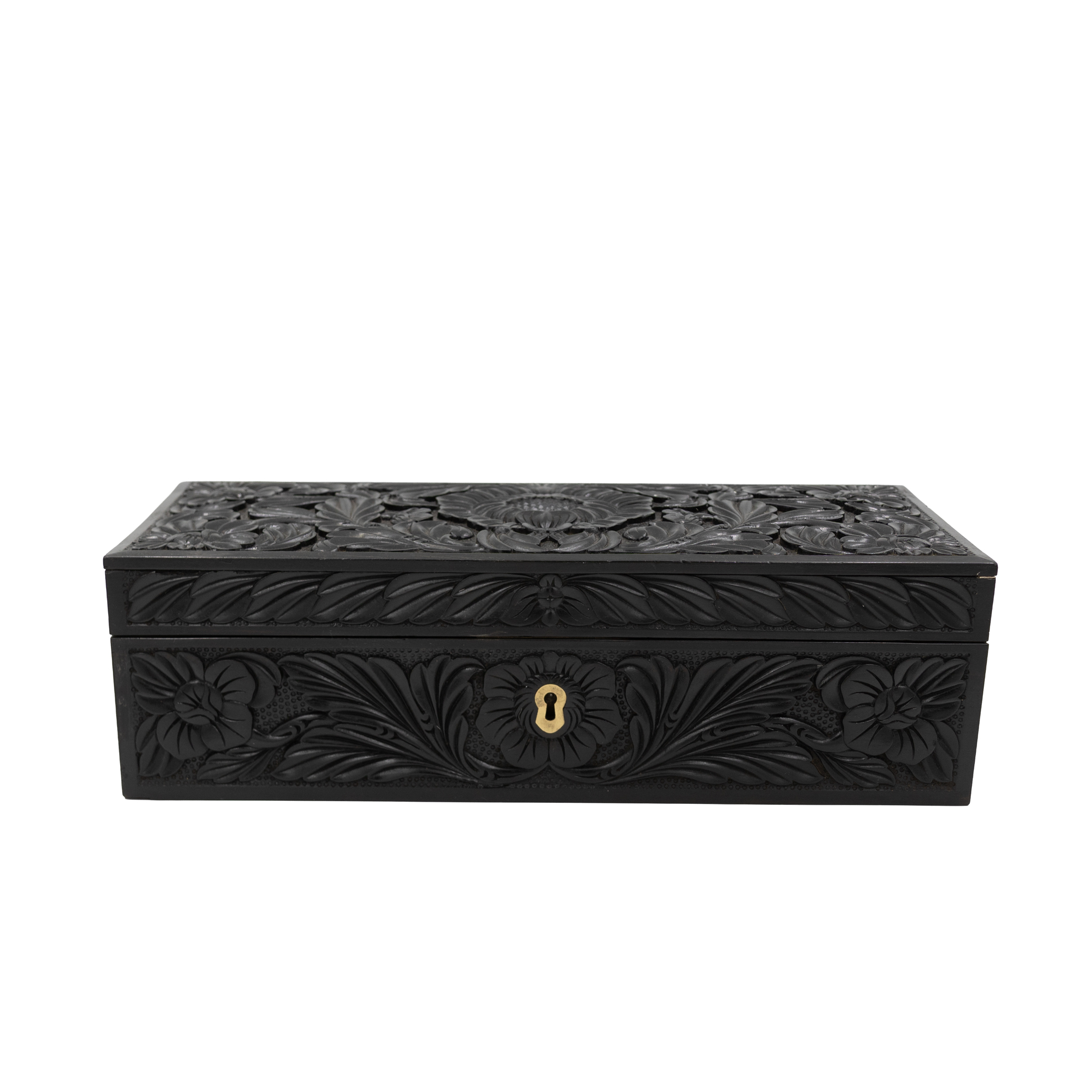 Anglo-Indian carved ebony glove box circa 1850 with floral relief carving
