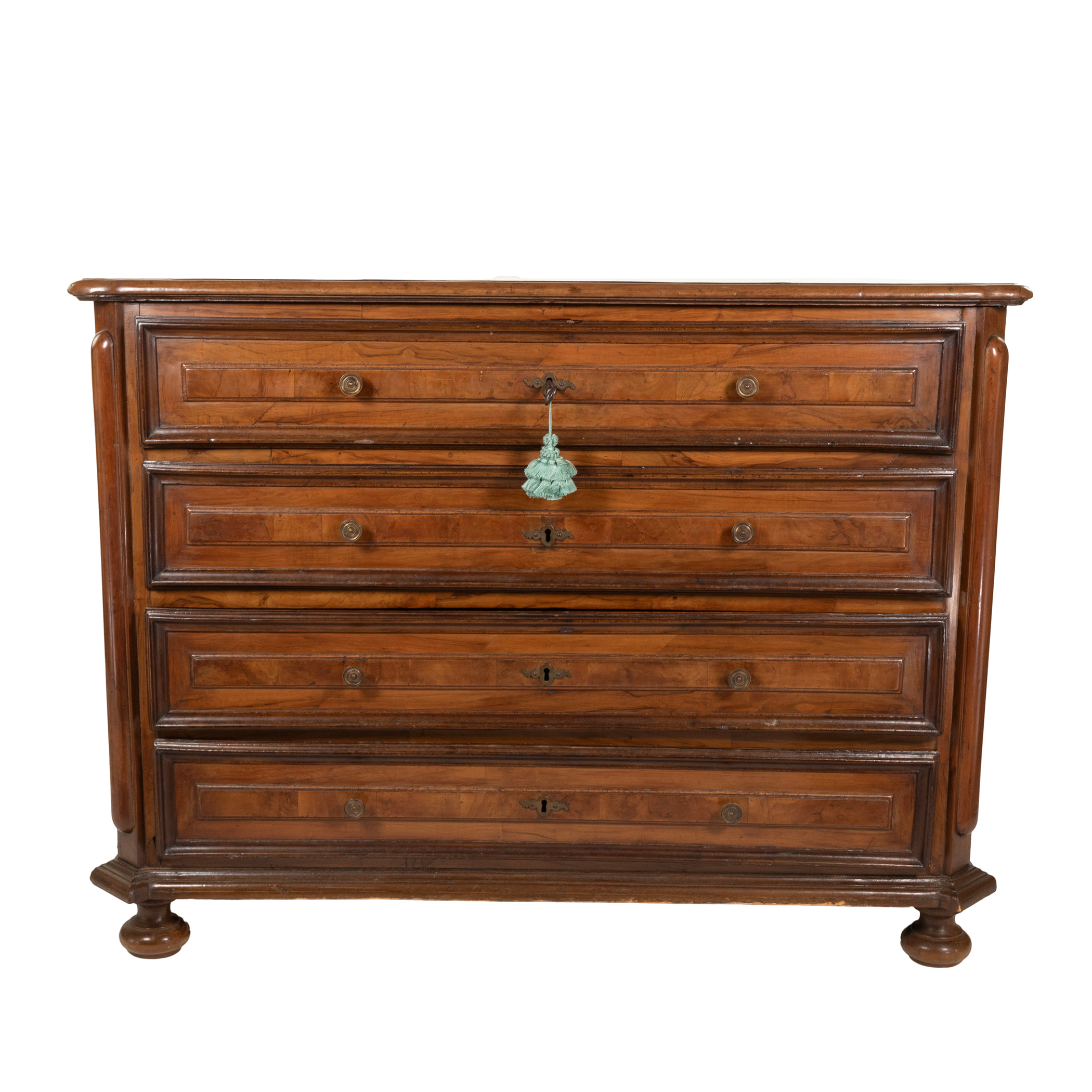 Early 18th-century Italian walnut commode, front view, background removed.