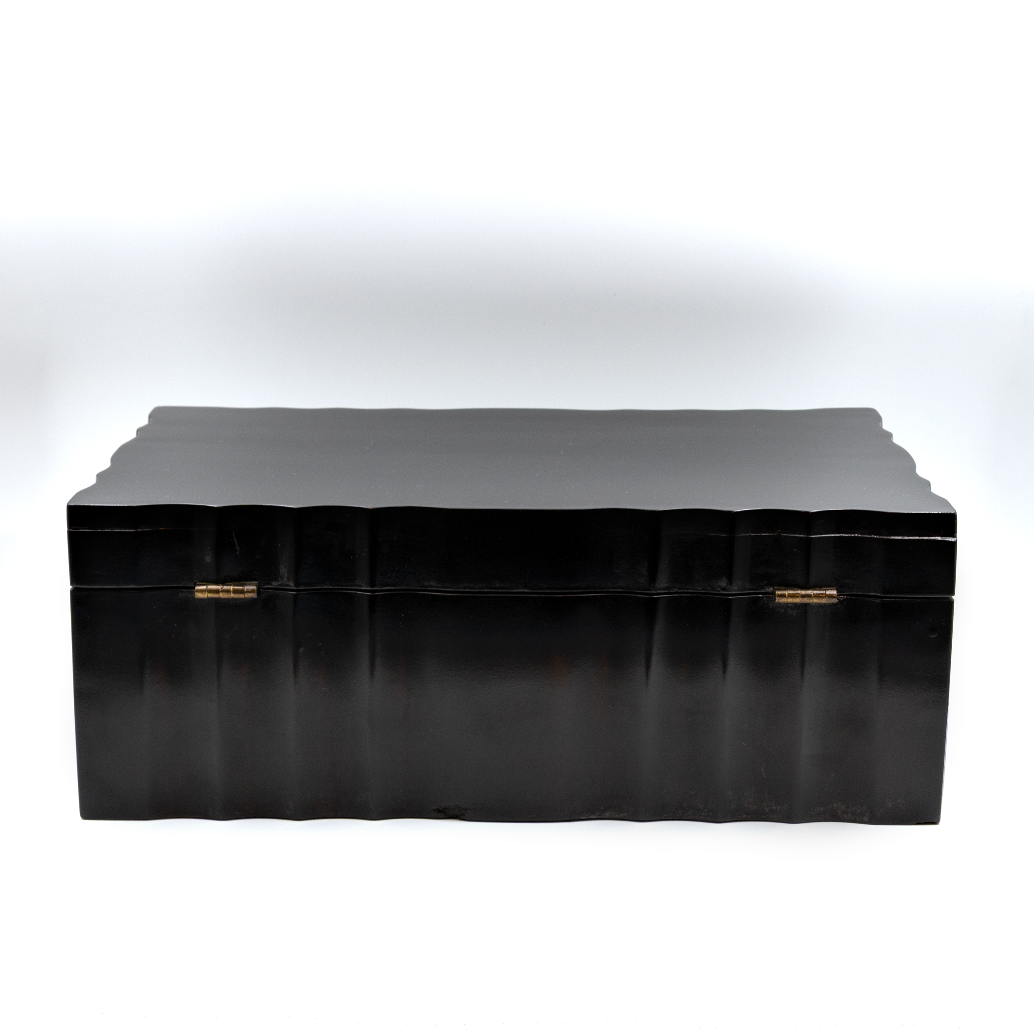 Anglo-Indian serpentine ebony box, circa 1840, rear view with brass hinges