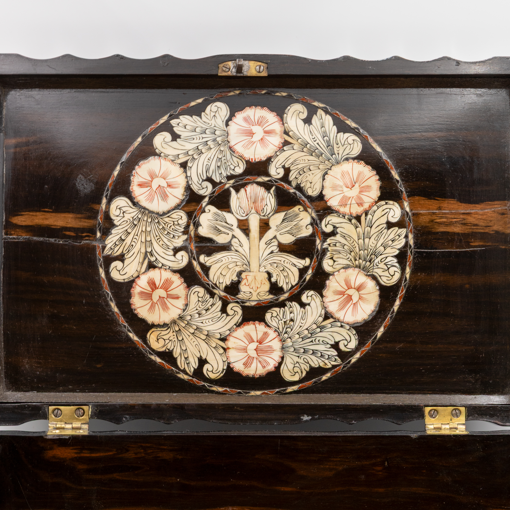 Detail of bone inlay medallion, Anglo-Indian serpentine ebony box, circa 1840