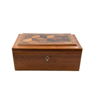 Regency plumwood specimen wood box with tumbling block parquetry lid and bone escutcheon, English circa 1830