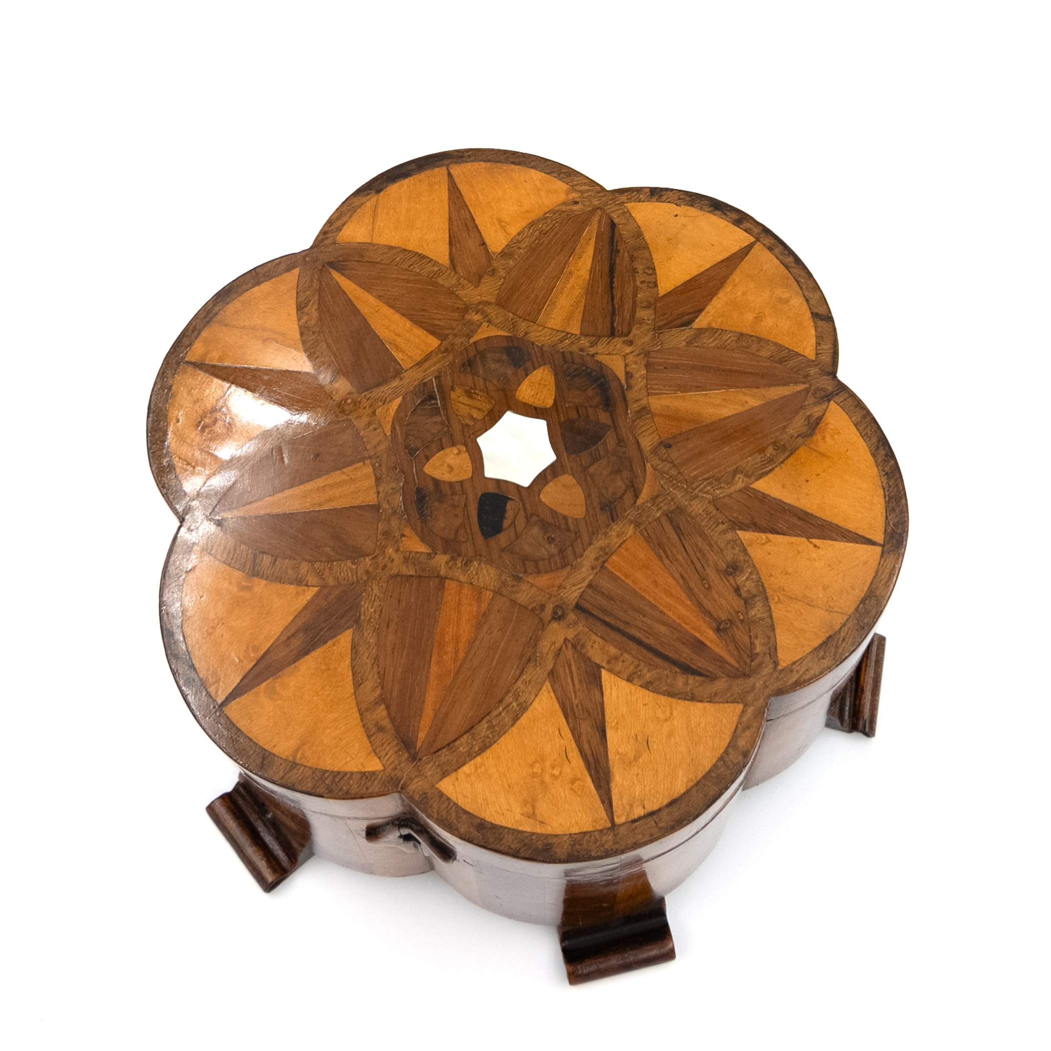 Top view english lotus form specimen wood marquetry box star pattern lid