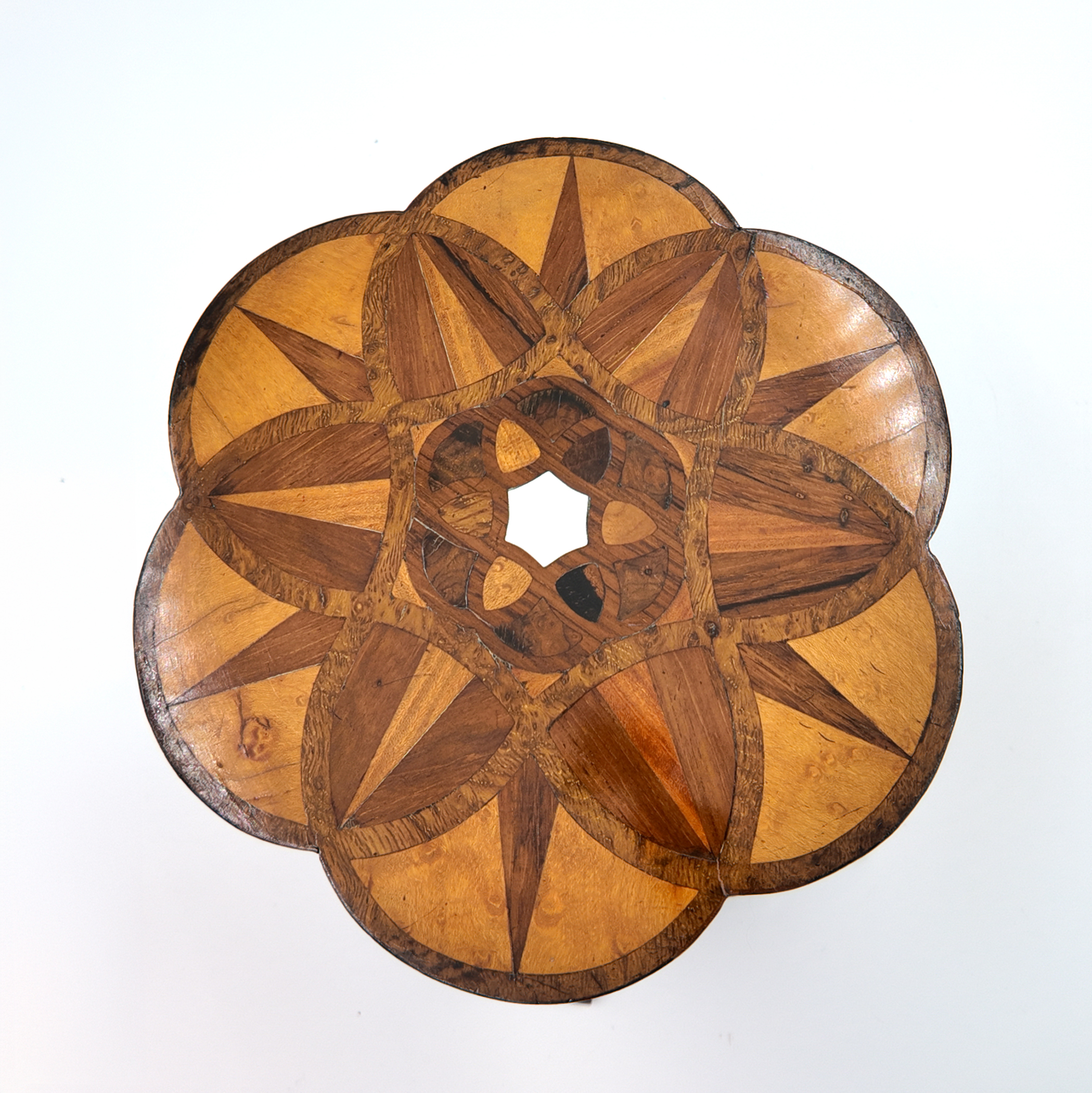 Overhead view english lotus form marquetry specimen wood box lid