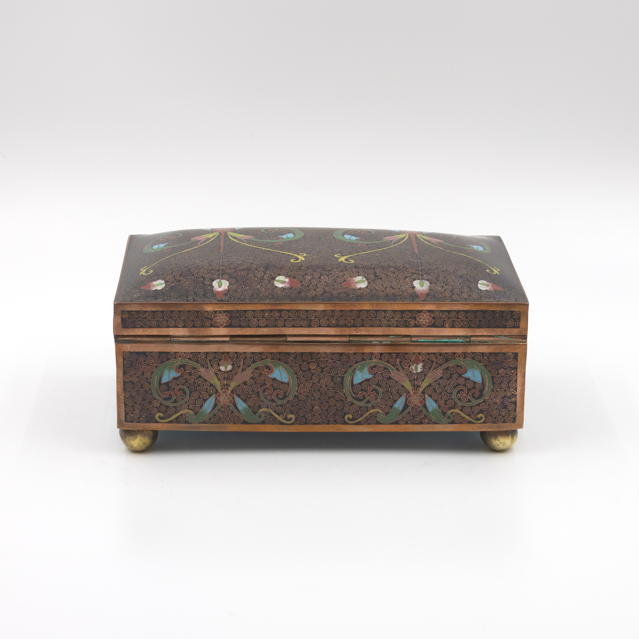 Cloisonné enamel box, rear elevation, long back face with repeating foliate scroll decoration, copper banding, hinge detail, ball feet