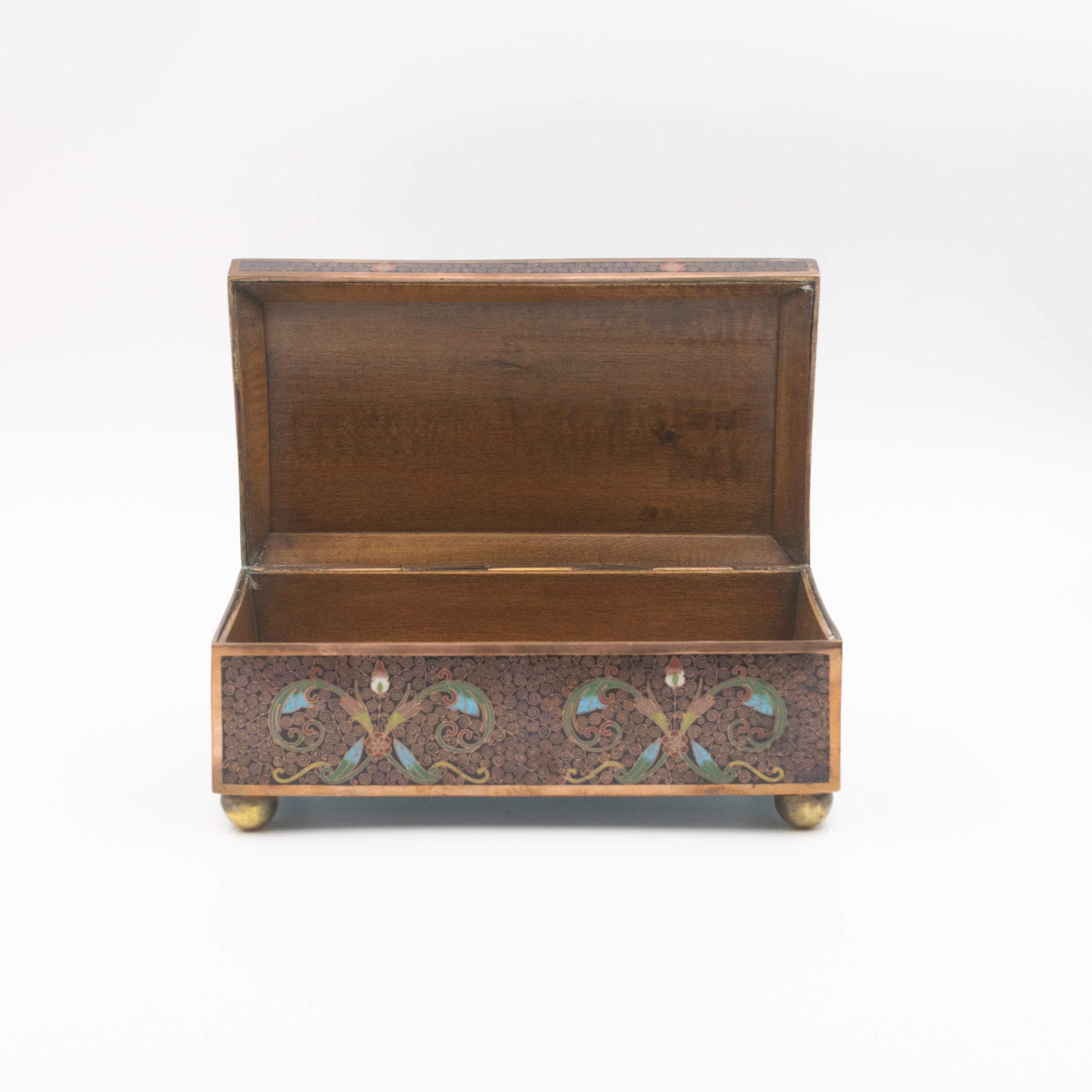Cloisonné enamel box open, showing wood-lined interior, front elevation