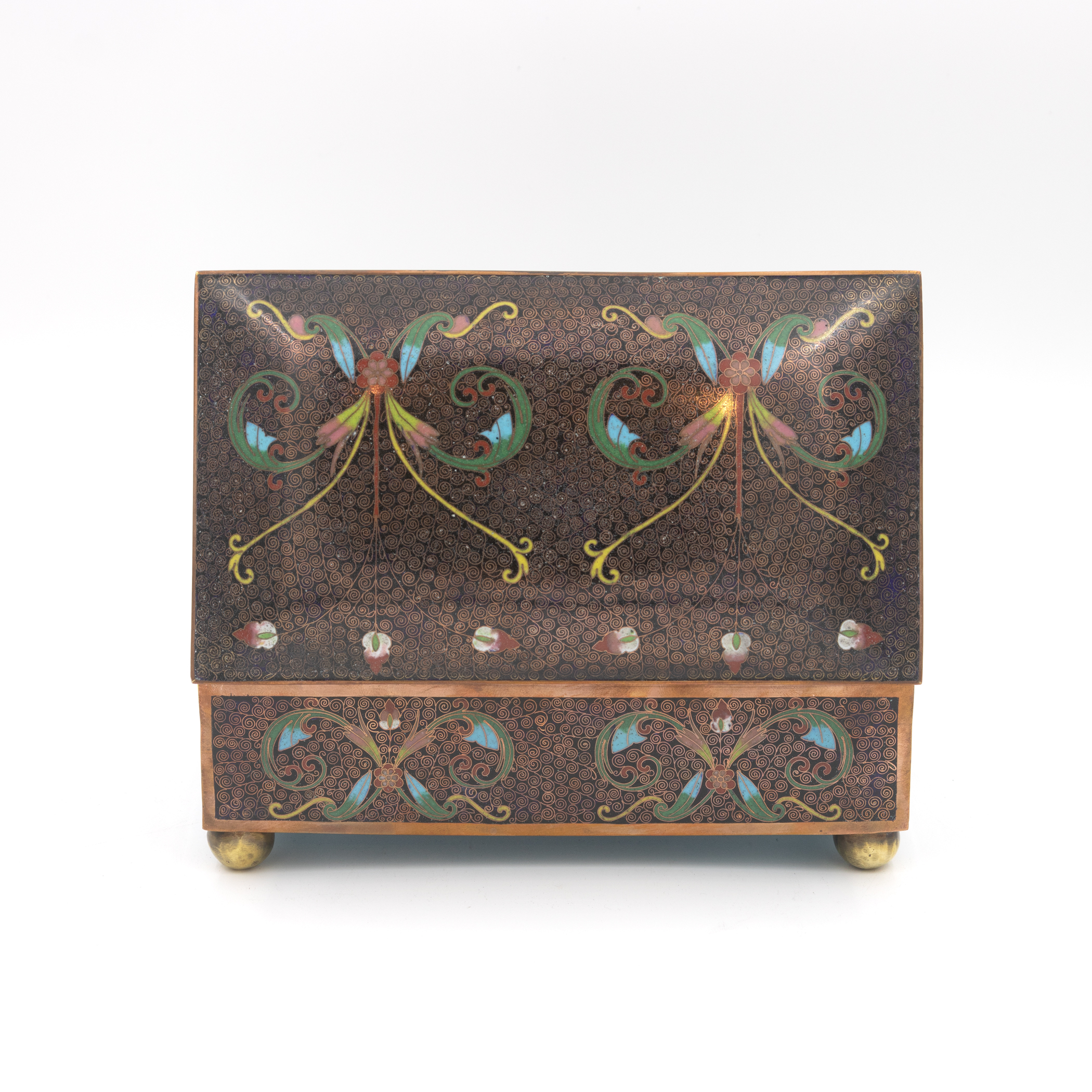 Cloisonné enamel box open from rear, showing lid top detail and back panel decoration