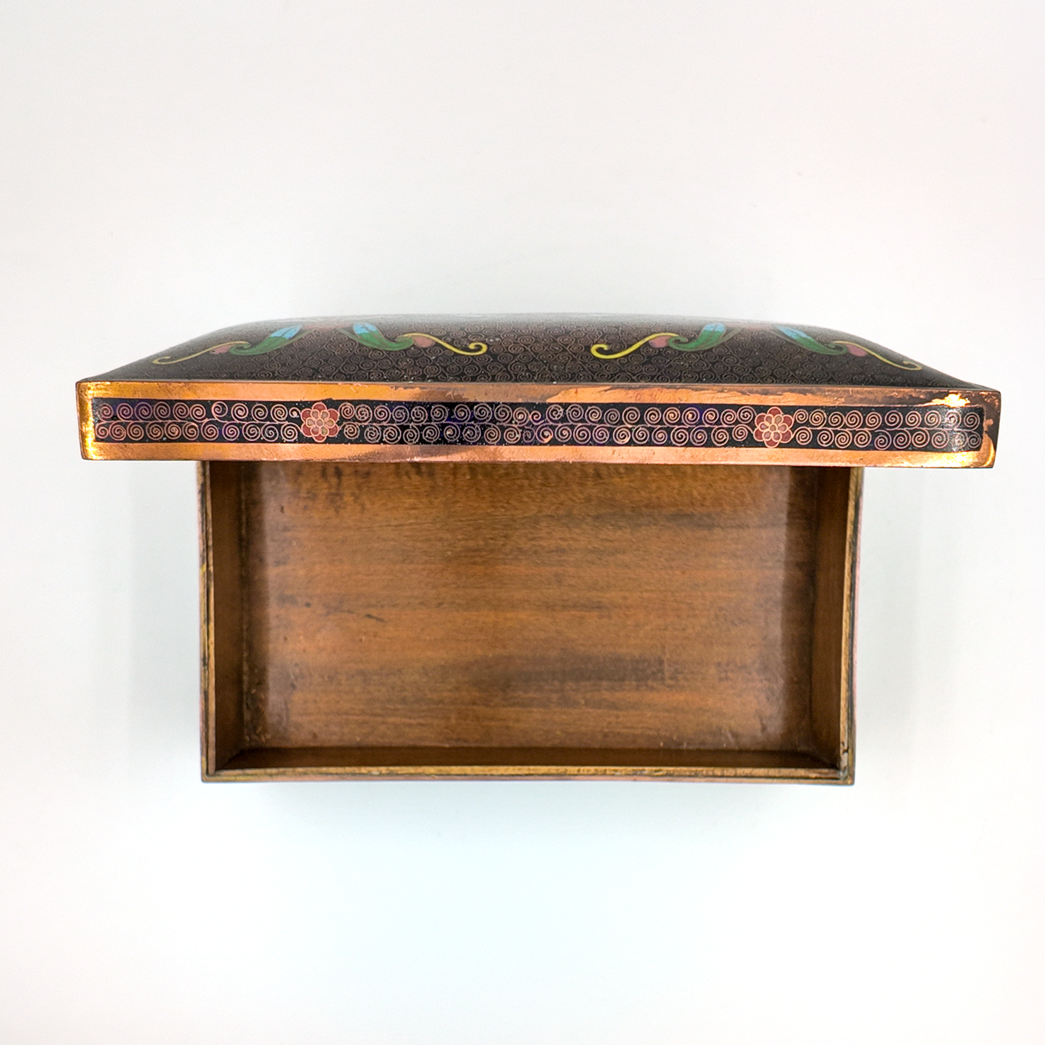 Cloisonné enamel box, overhead view with lid open showing plain wood interior lining