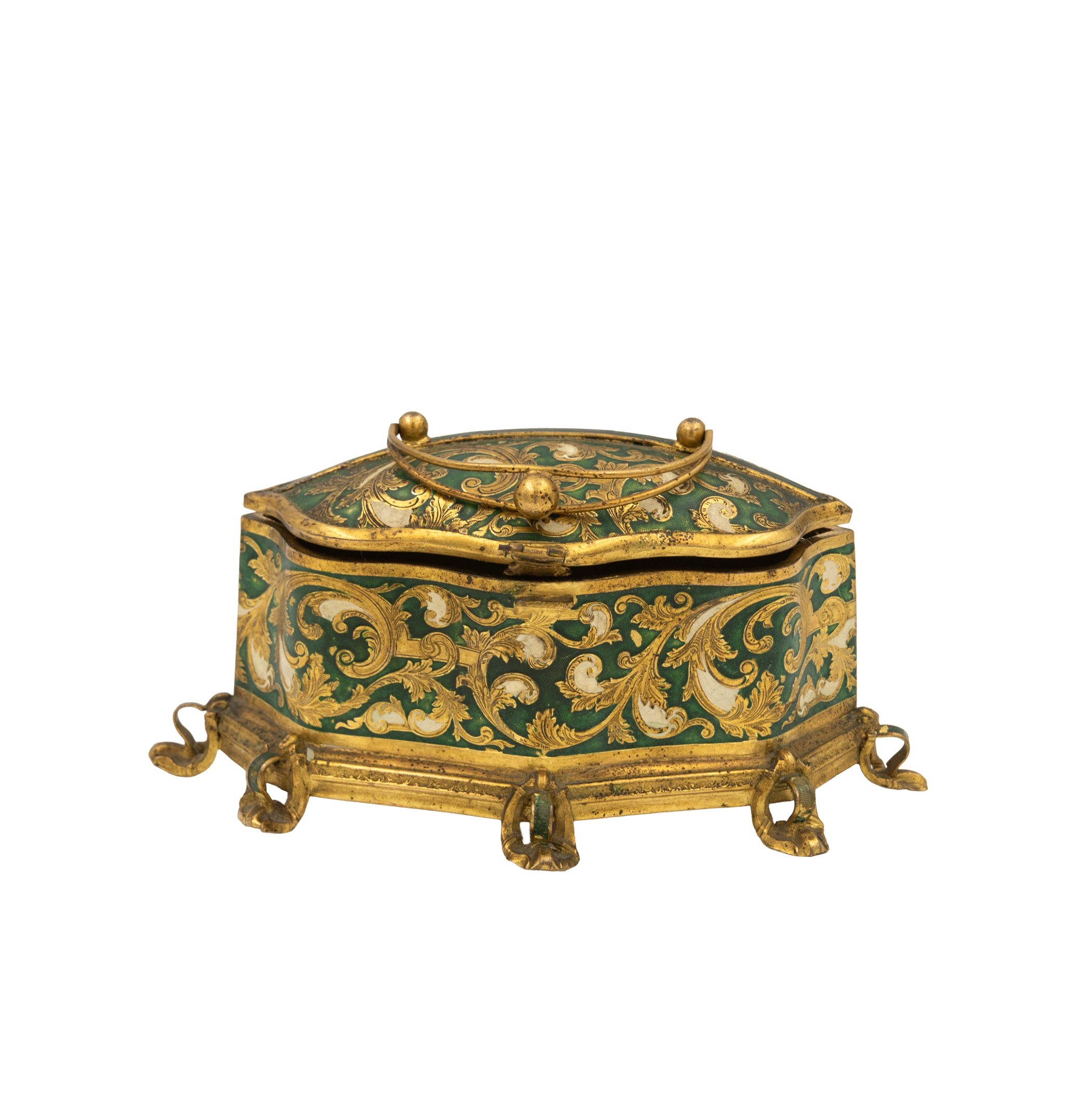 Gilt metal and green enamel jewelry box, Maison Boissier, Paris, French circa 1900–1930