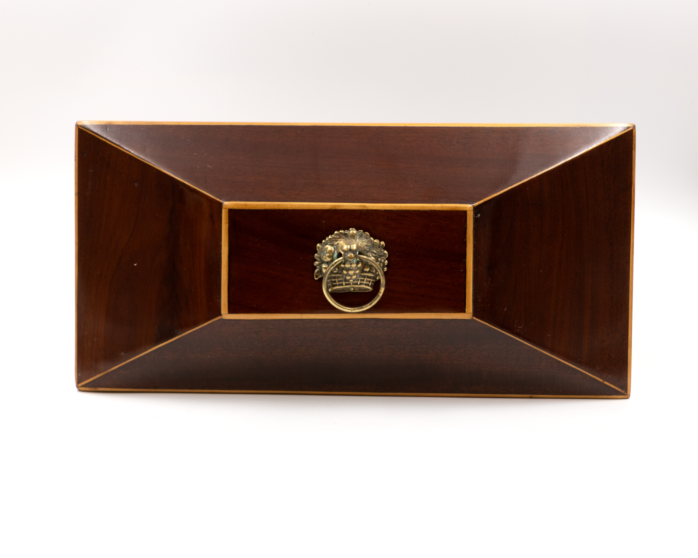 Regency mahogany antique box lid top view satinwood stringing brass basket ring handle English circa 1820