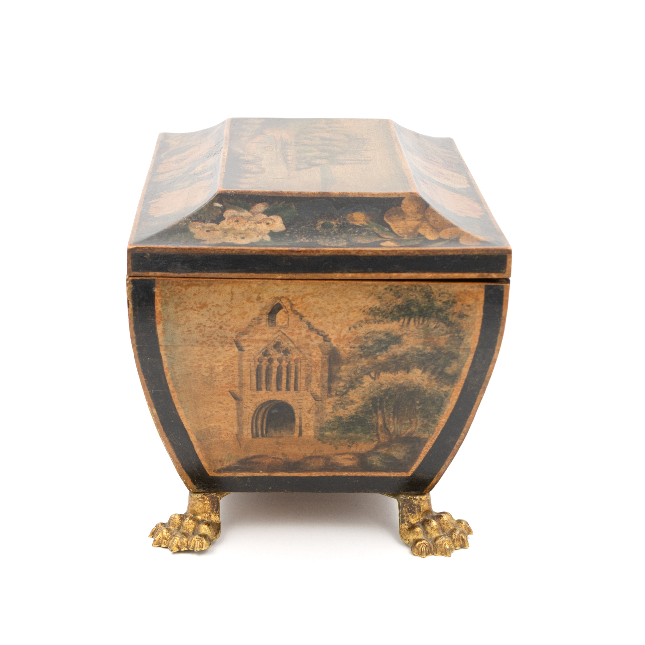 Regency penwork box left end panel decorated with an ecclesiastical ruin amidst foliage