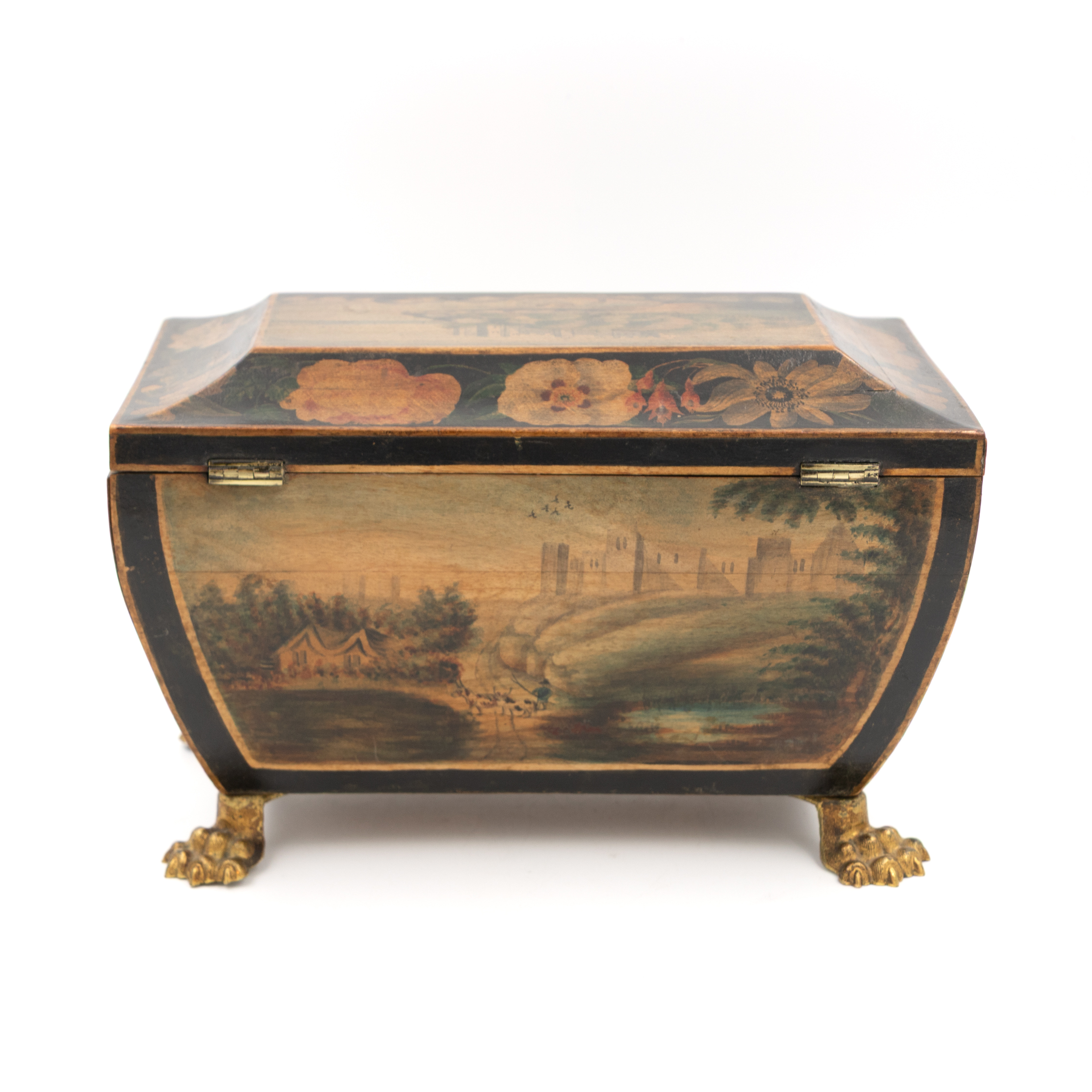 Rear view of Regency painted bombe box showing cottage landscape and flush hinges