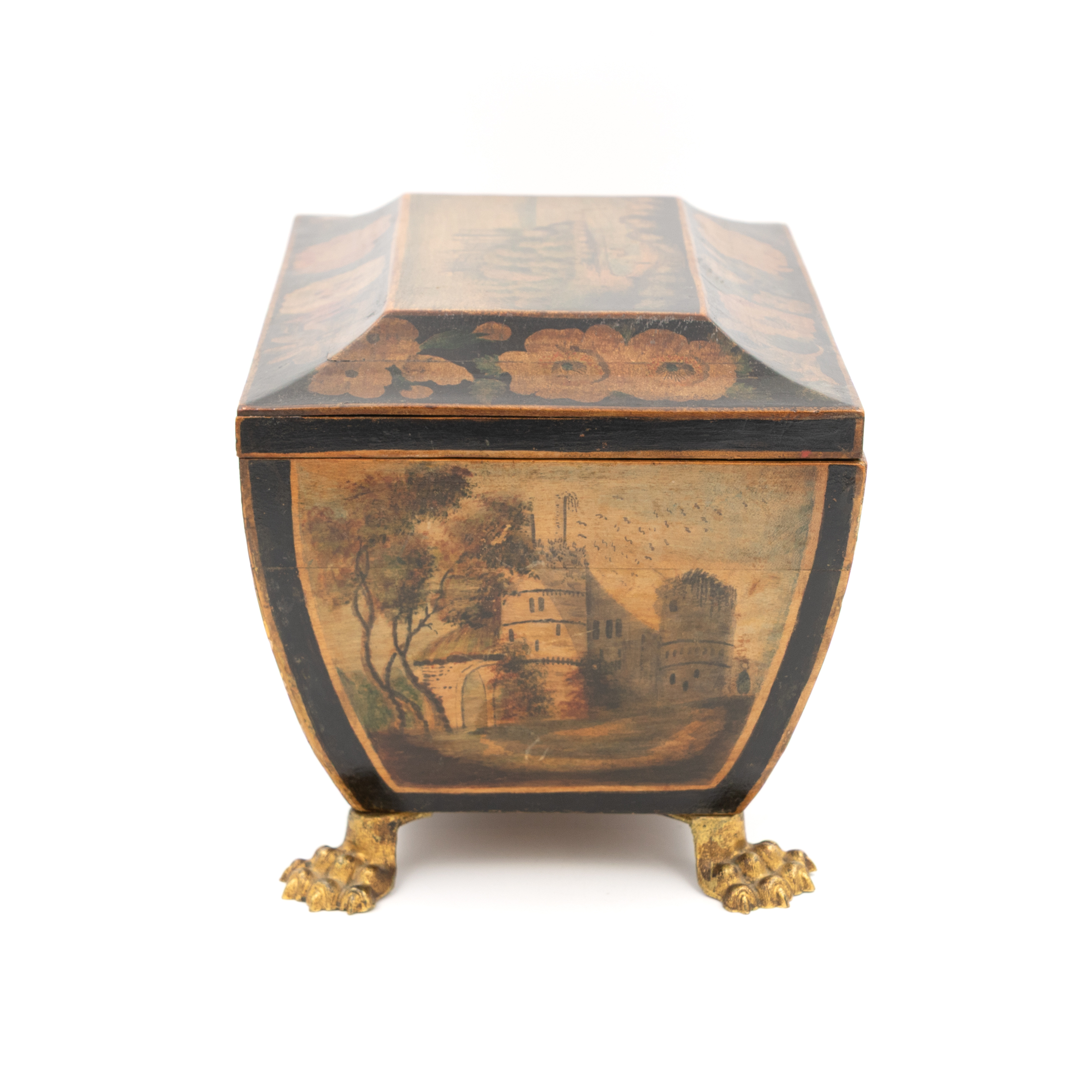 Regency penwork box right end panel with painted romantic ruins architectural scene