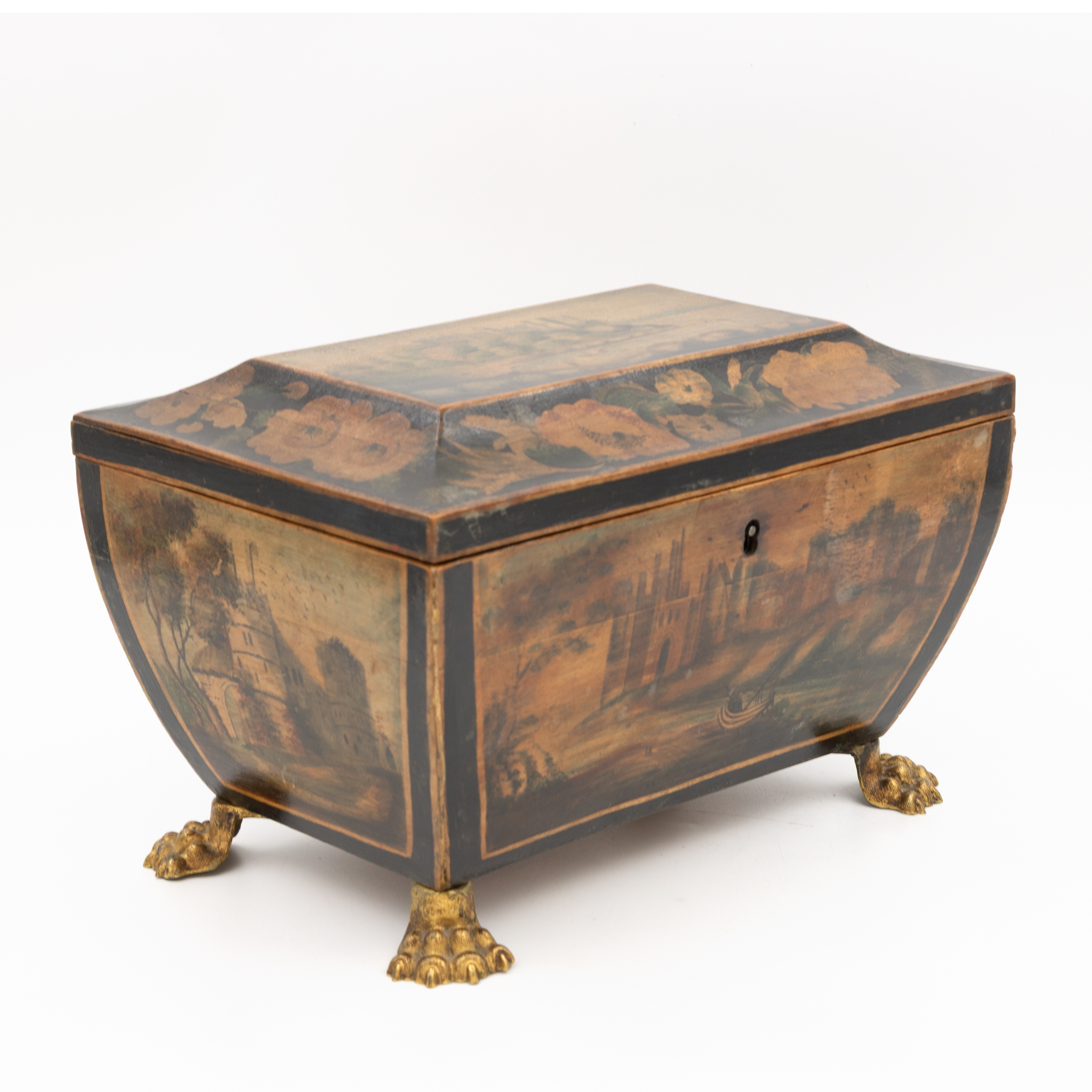 High angle front view of an English antique Regency penwork box on white background