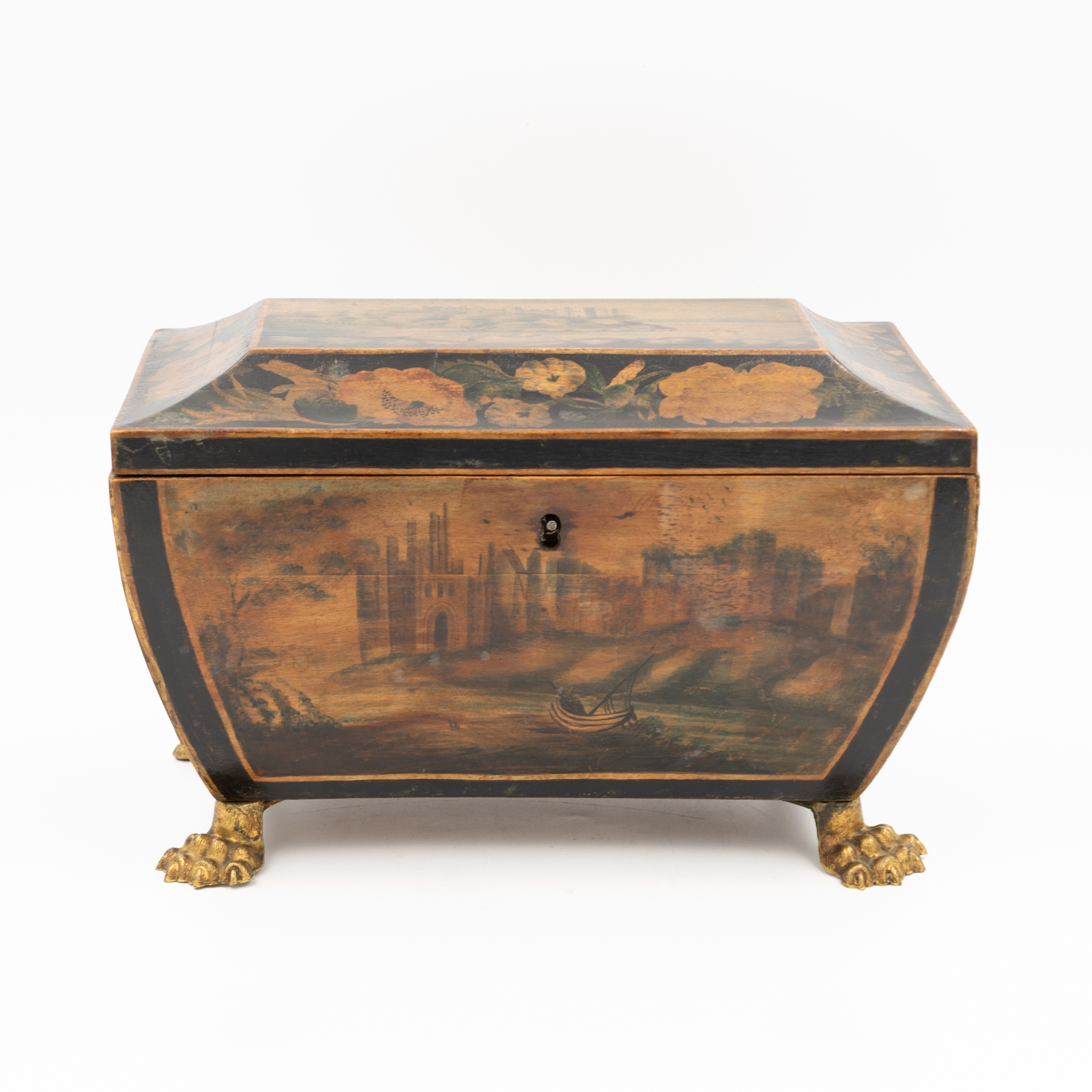 Regency painted and penwork box with Gothic abbey ruin front landscape panel