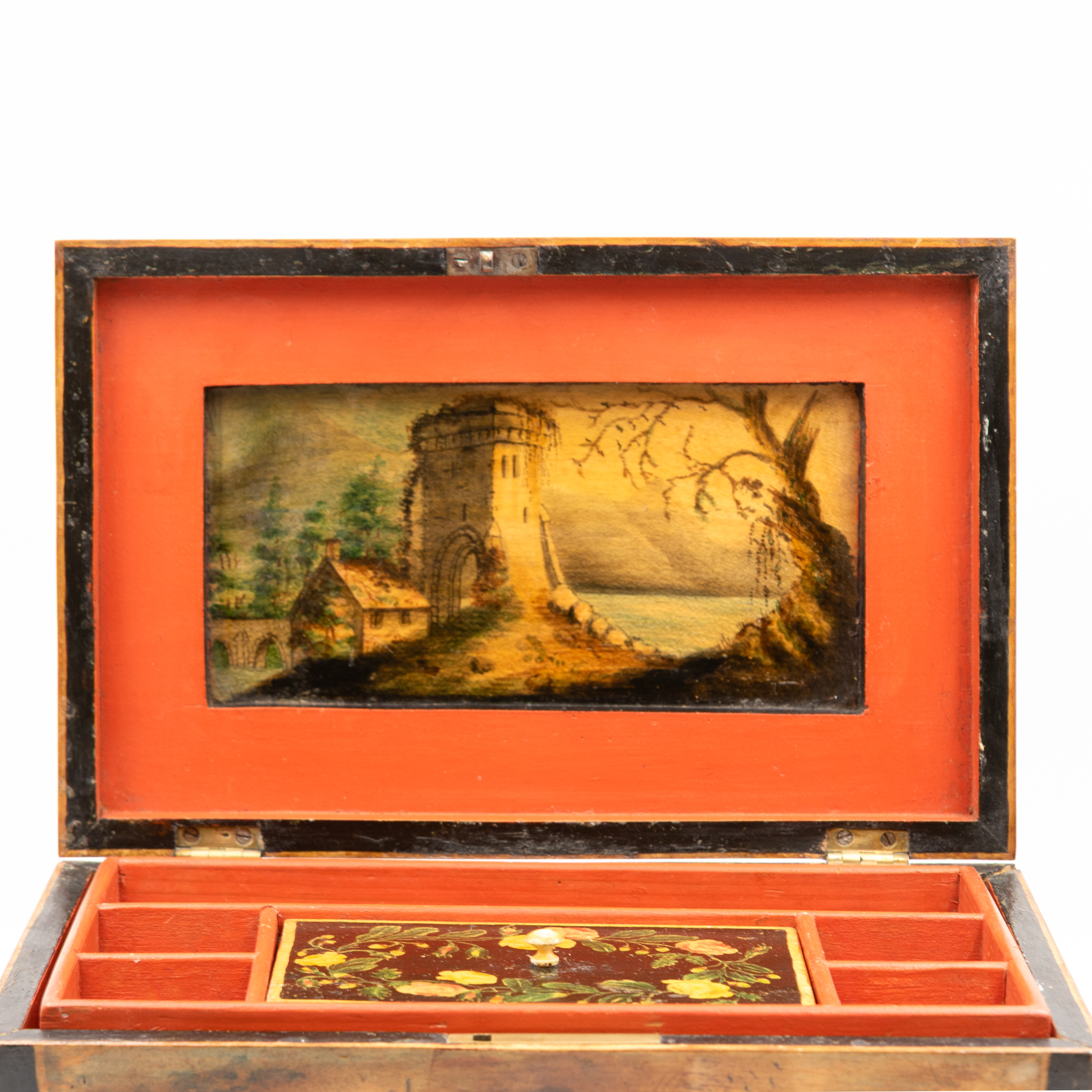 Open Regency box interior showing red sectioned tray and painted inner lid landscape