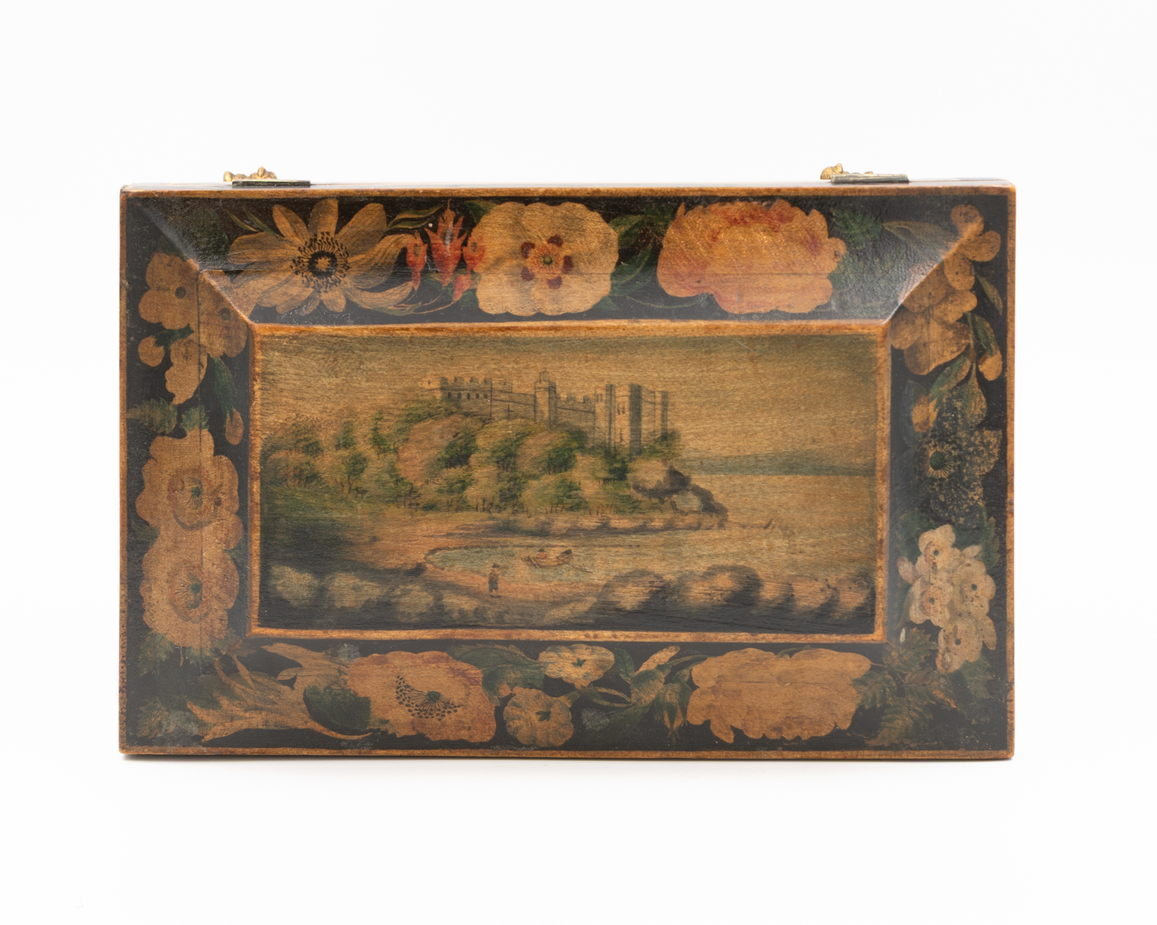Overhead view of Regency box lid showing coastal fortified estate landscape painting