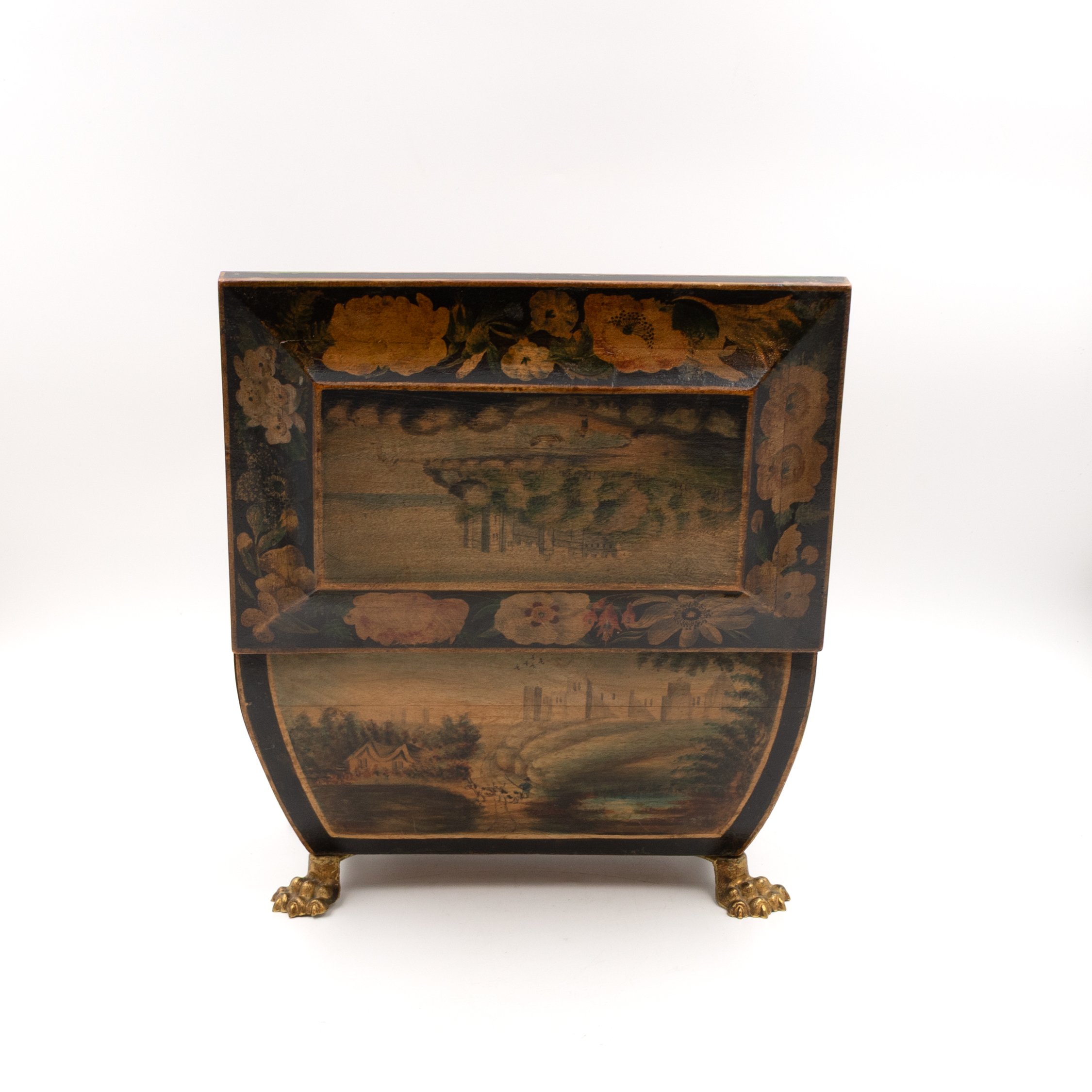 Rear perspective of open Regency bombe box showing continuous exterior decoration