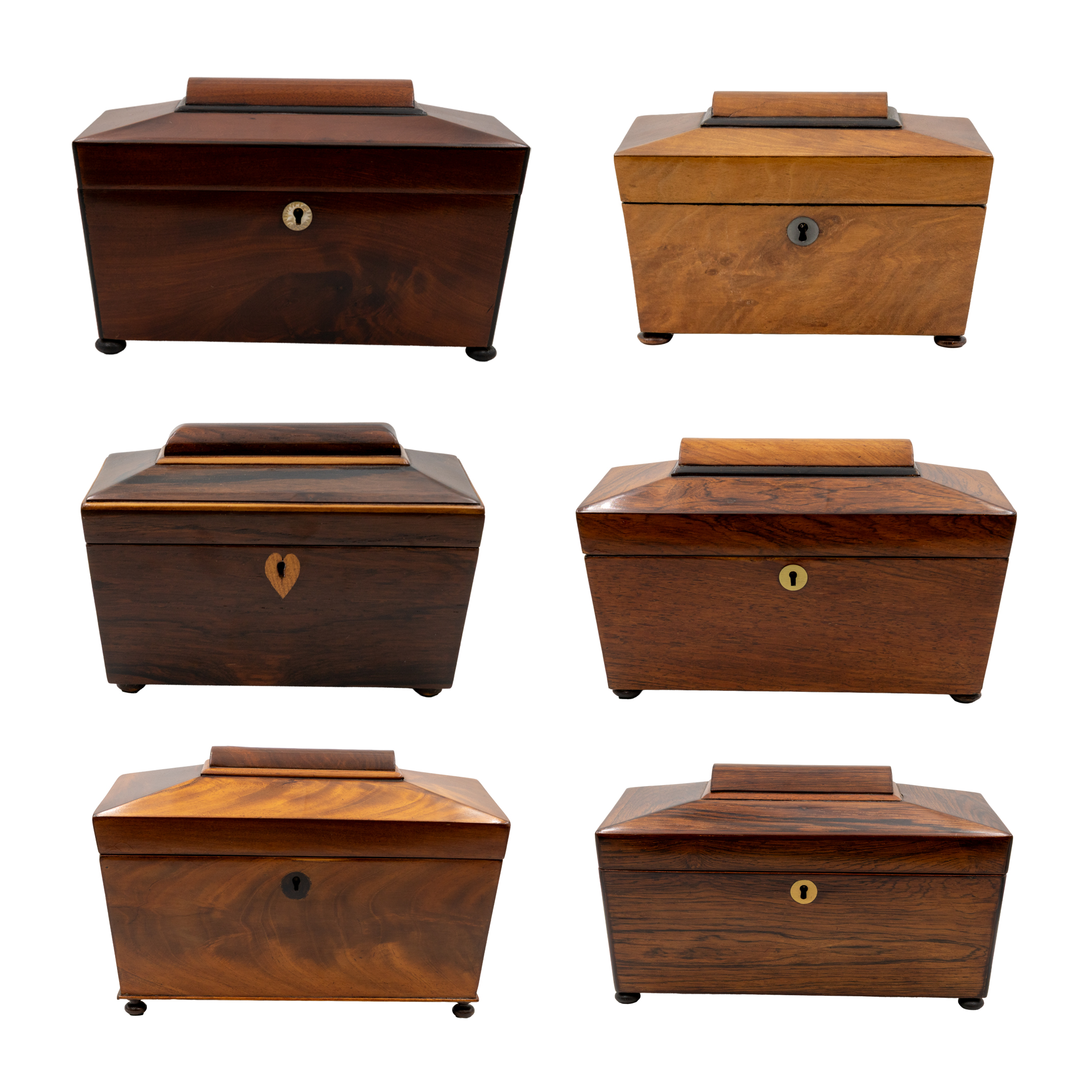 Rare Collection of Six Early English Boxes in Rosewood and Coromandel