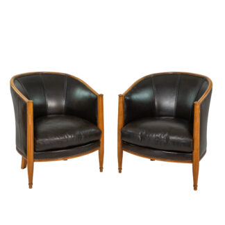 Pair Art Deco Club Chairs, Leather, French, circa 1930