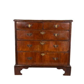 George II walnut chest of drawers, English circa 1720, two short over three graduated long drawers, bracket feet and brass bail handles, product view on white, Garden Court Antiques San Francisco