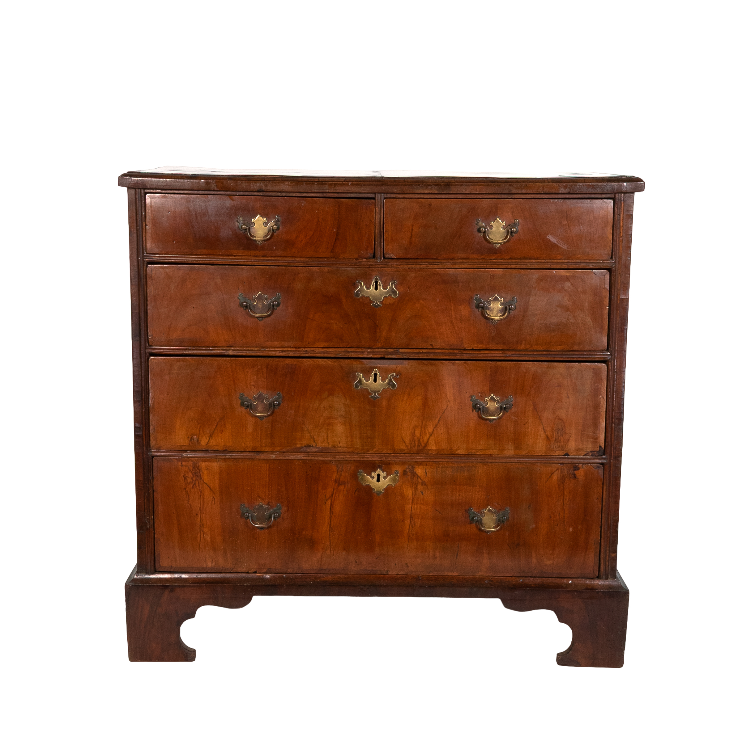 George II walnut chest of drawers, English circa 1720, two short over three graduated long drawers, bracket feet and brass bail handles, product view on white, Garden Court Antiques San Francisco