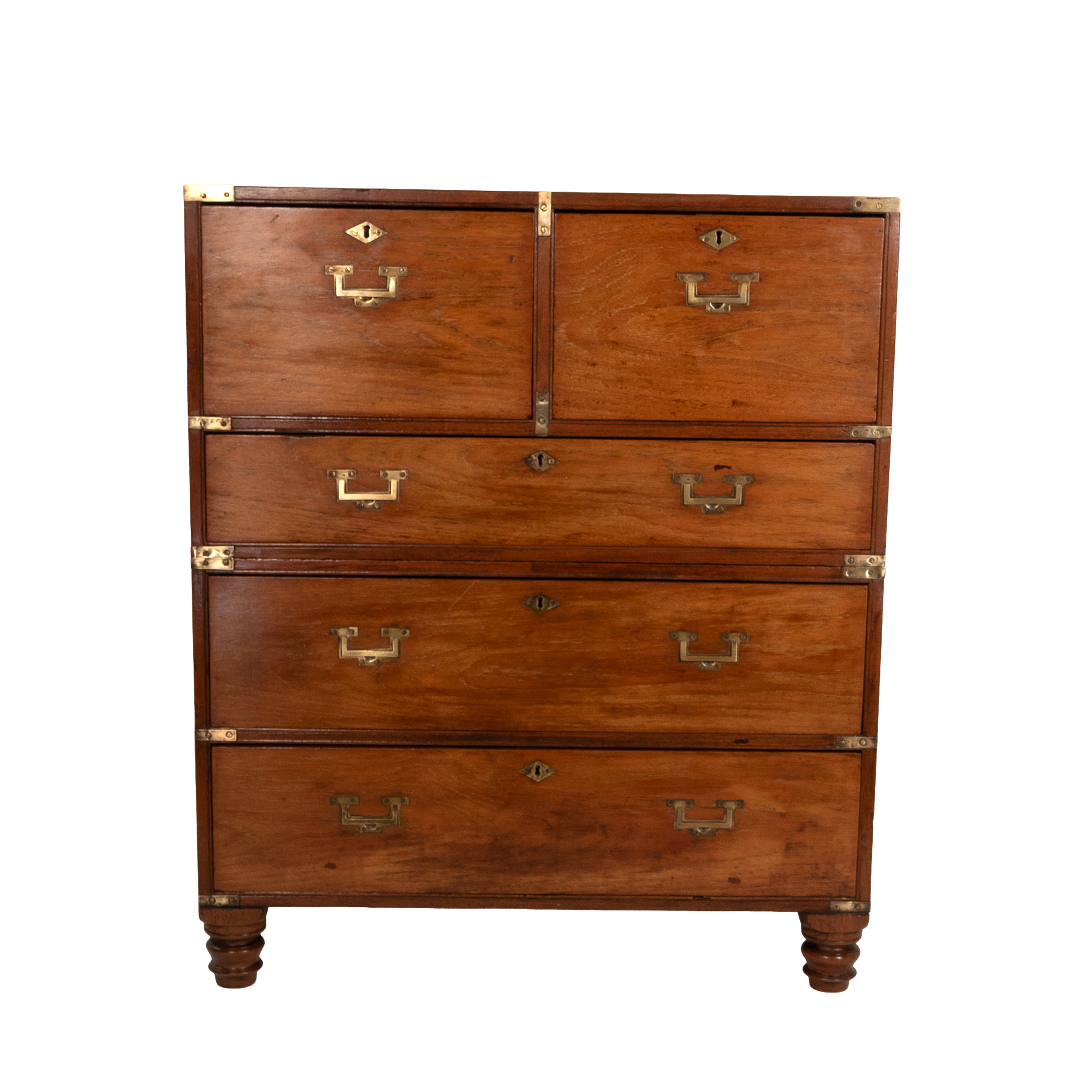 Mahogany campaign chest on chest with two very large upper drawers, English circa 1850