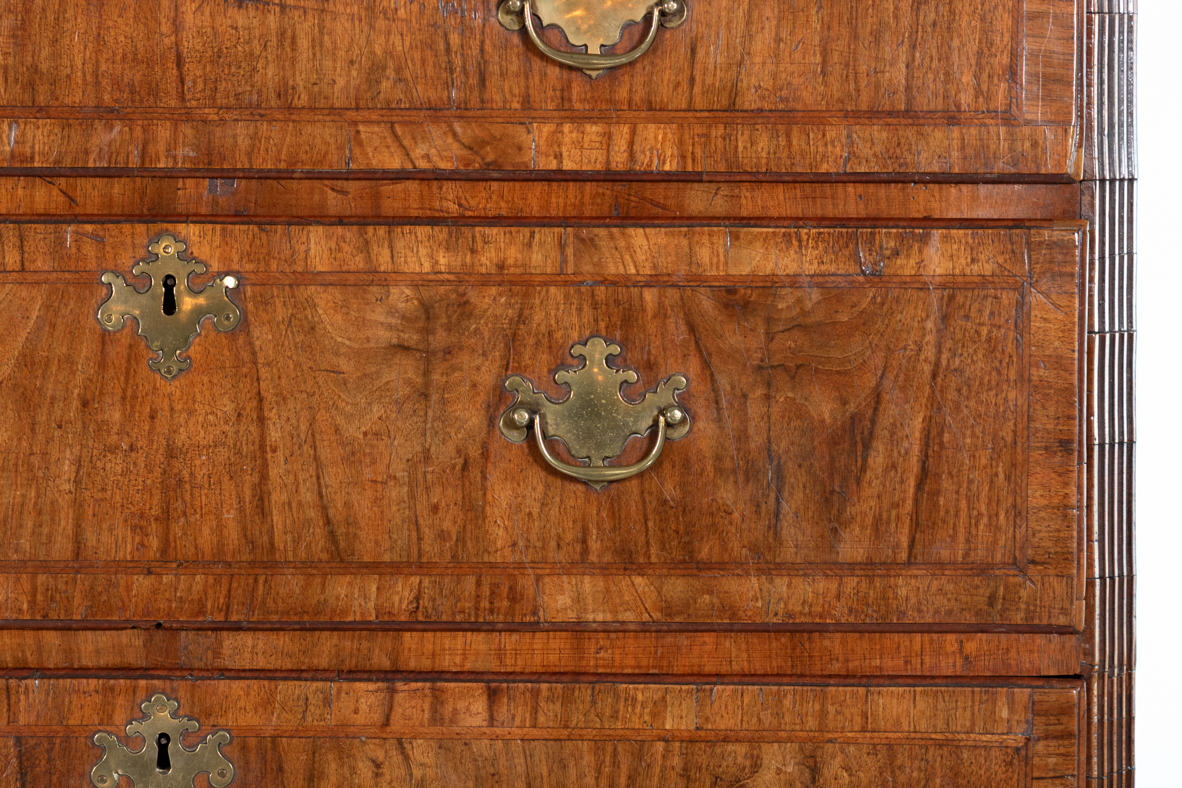 Lower section drawer fronts with burr walnut veneer and brass hardware, Georgian chest on chest, circa 1720