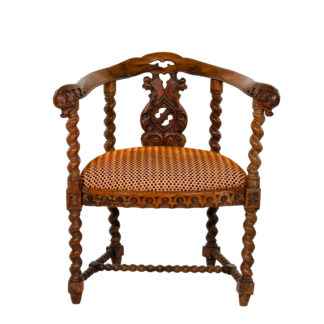 English Gothic Revival yew tub chair with barley-twist supports and pierced foliate splat, circa 1880