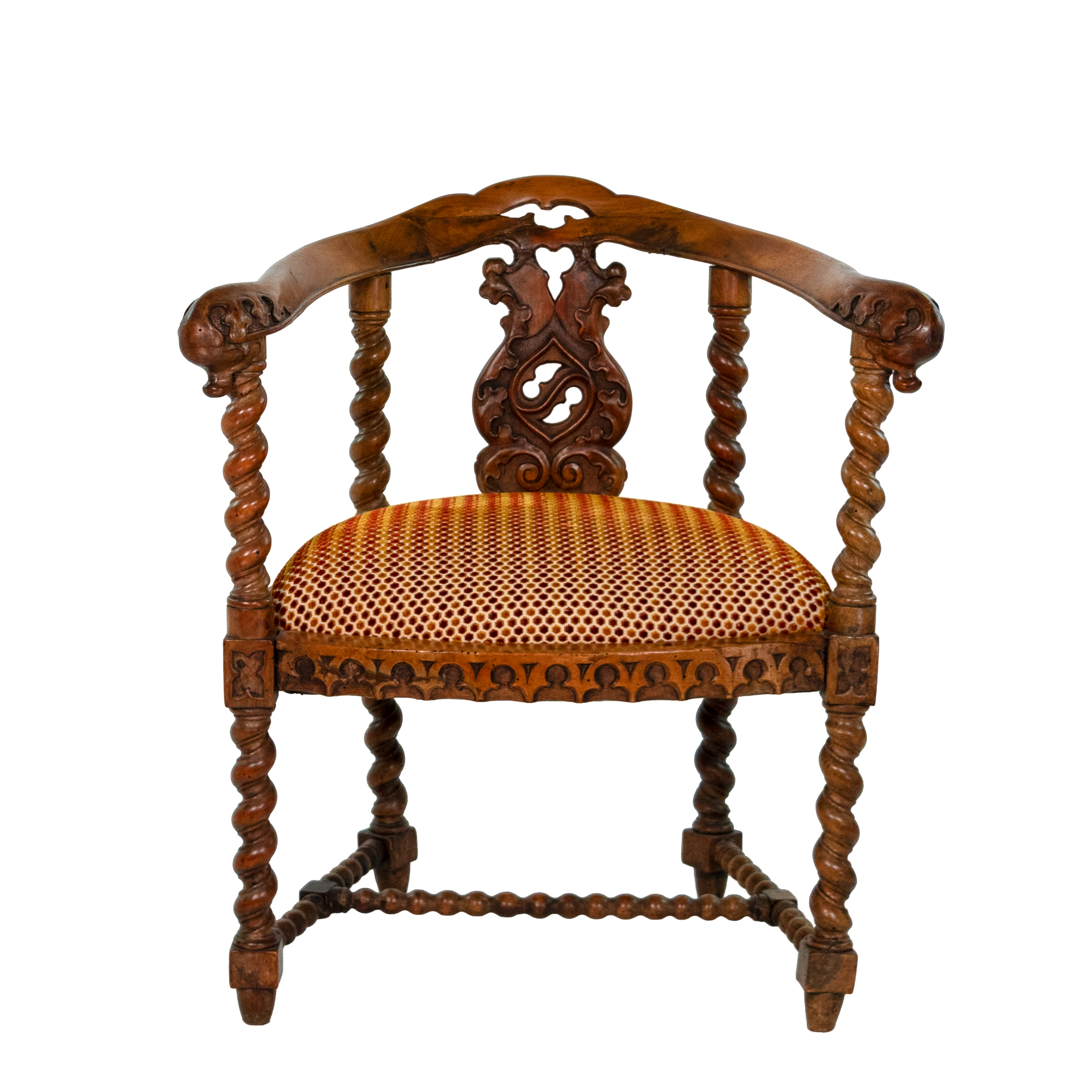 English Gothic Revival yew tub chair with barley-twist supports and pierced foliate splat, circa 1880