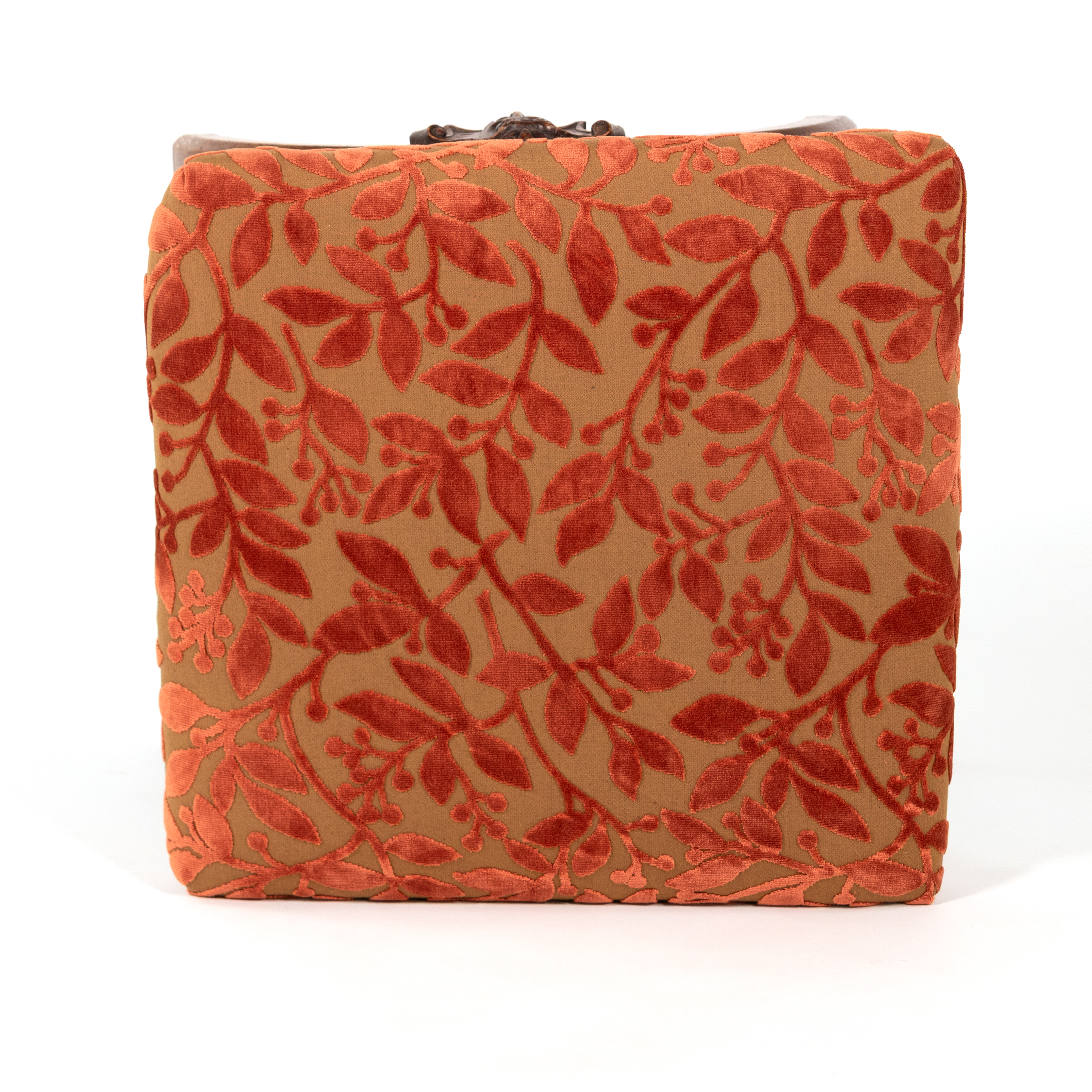Cut velvet seat of a French curule-form stool, coral leaf-and-branch pattern on tan ground, circa 1830