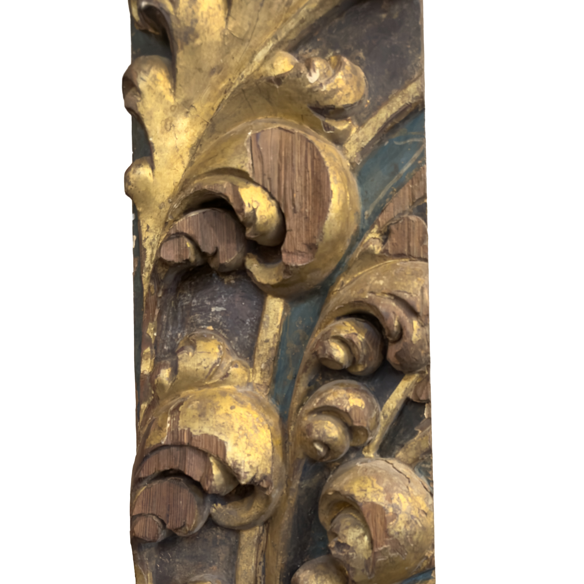 Detail of gilt acanthus scroll carving on a Spanish Baroque architectural element, circa 1790